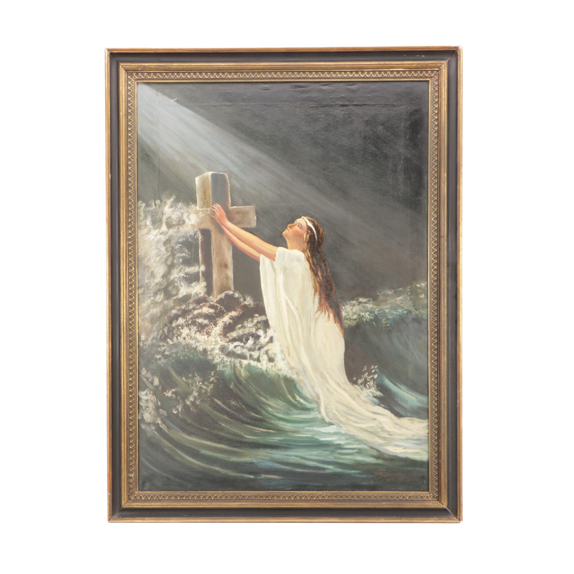 1922 Oil Painting of Woman Kneeling at Cross