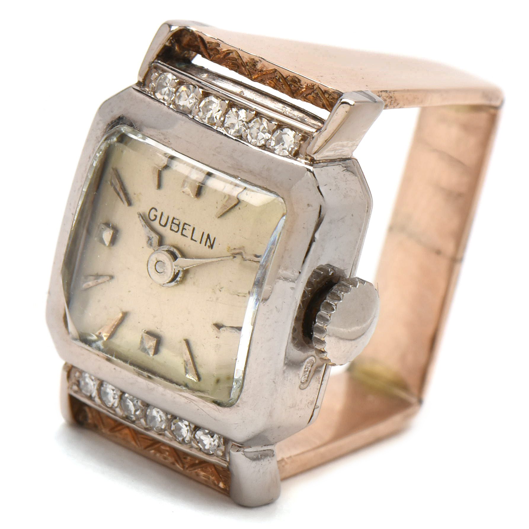 Vintage Gubelin 18K White Gold Diamond Watch Ring with 10K Yellow Gold Shank