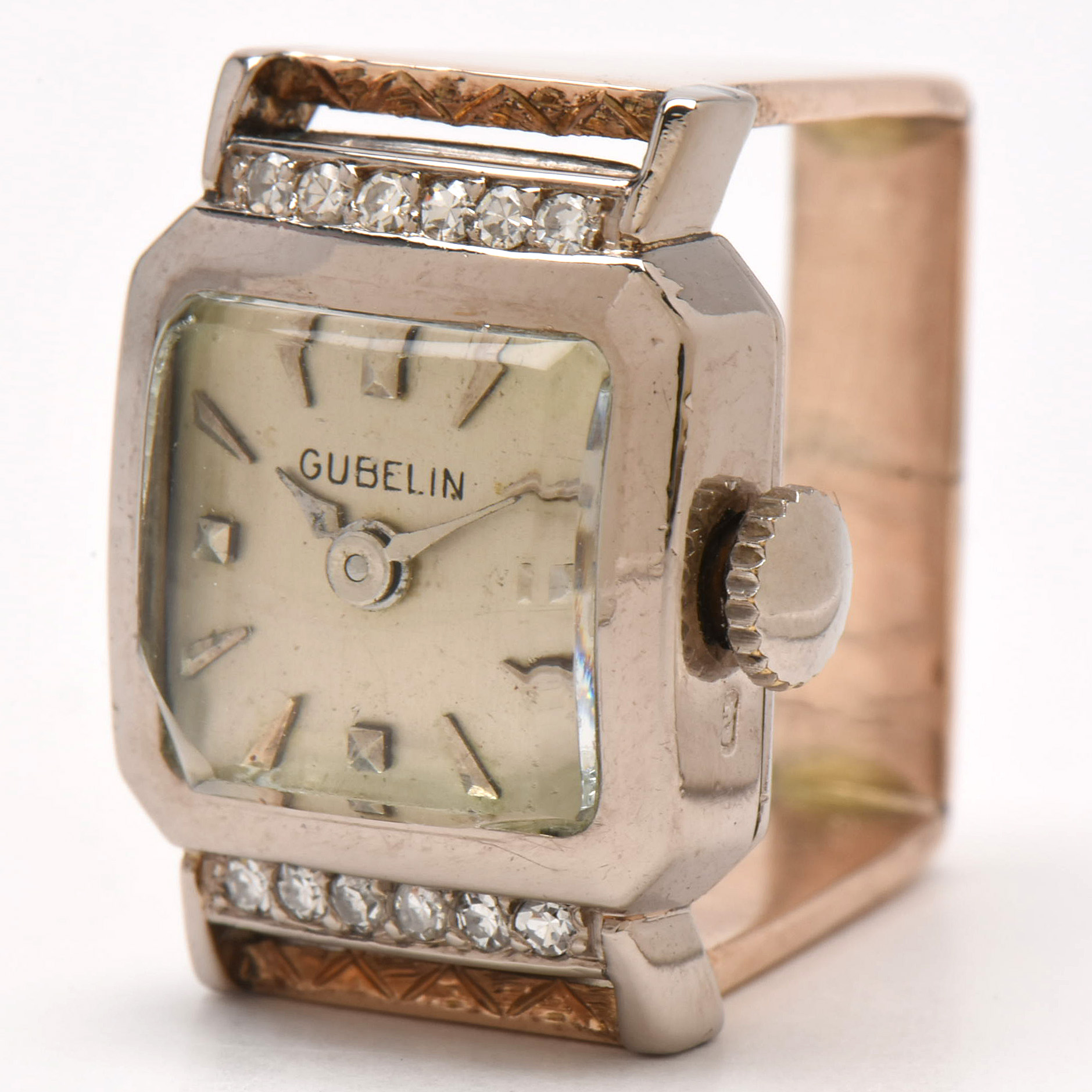 Vintage Gubelin 18K White Gold Diamond Watch Ring with 10K Yellow Gold Shank