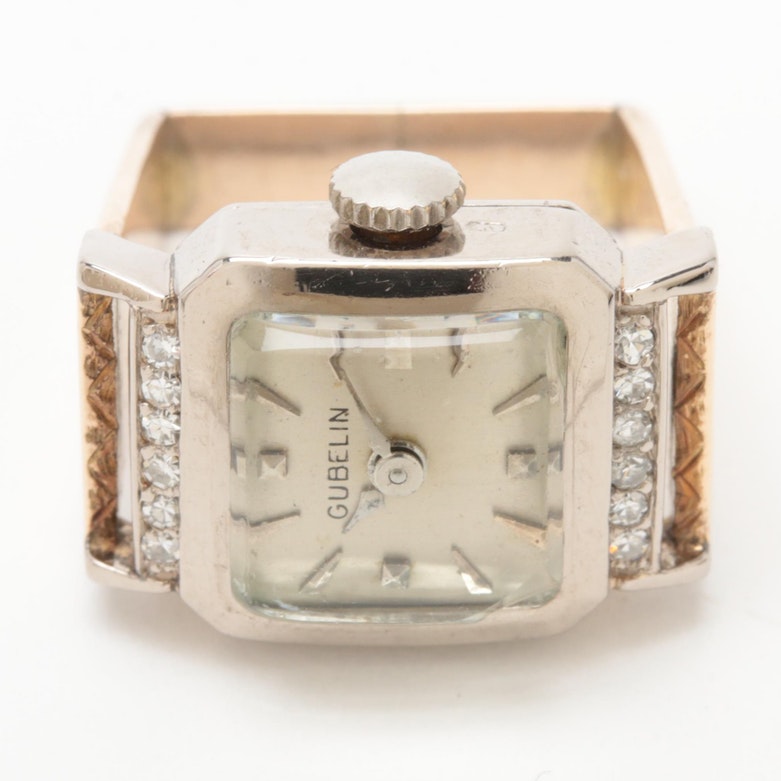 Vintage Gubelin 18K White Gold Diamond Watch Ring with 10K Yellow Gold Shank