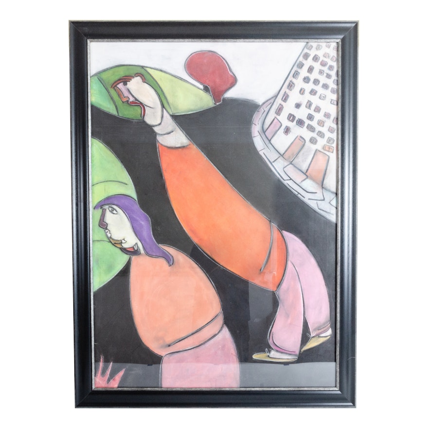 Albert Louden Abstract Pastel Painting "Couple Downtown"