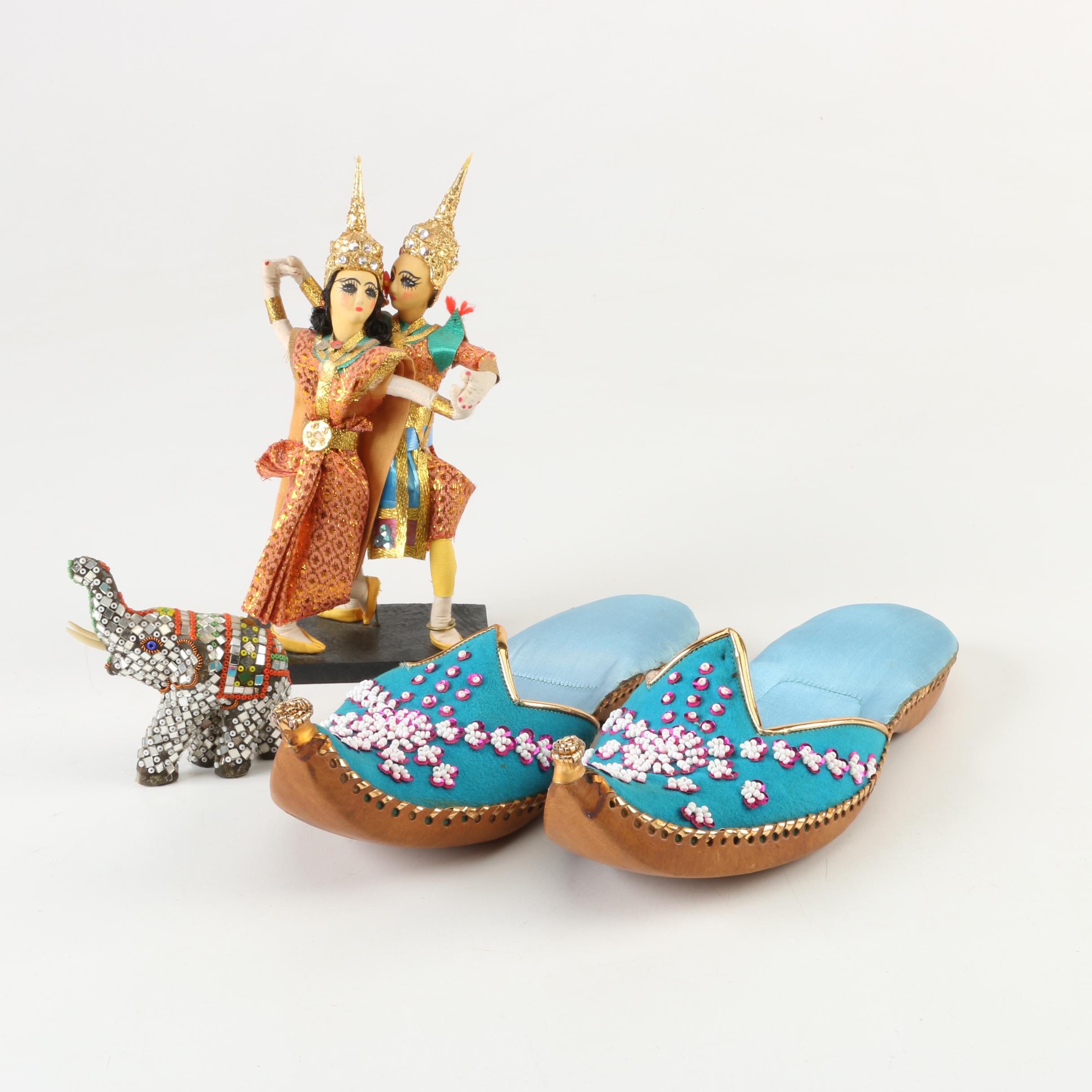 Women's Khussa Shoes with Thai Dancer Figurines and Elephant Figurine