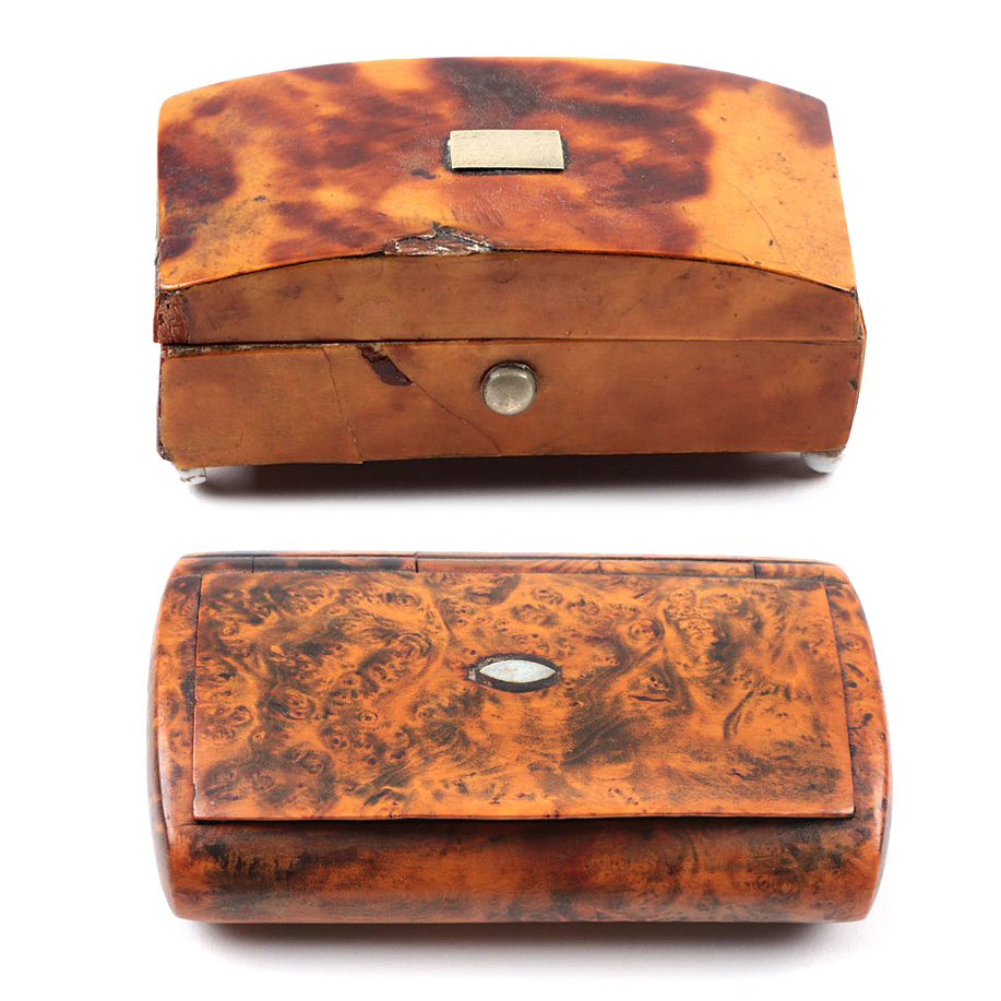 Antique Snuff Boxes in Tortoise Shell and Burl Wood