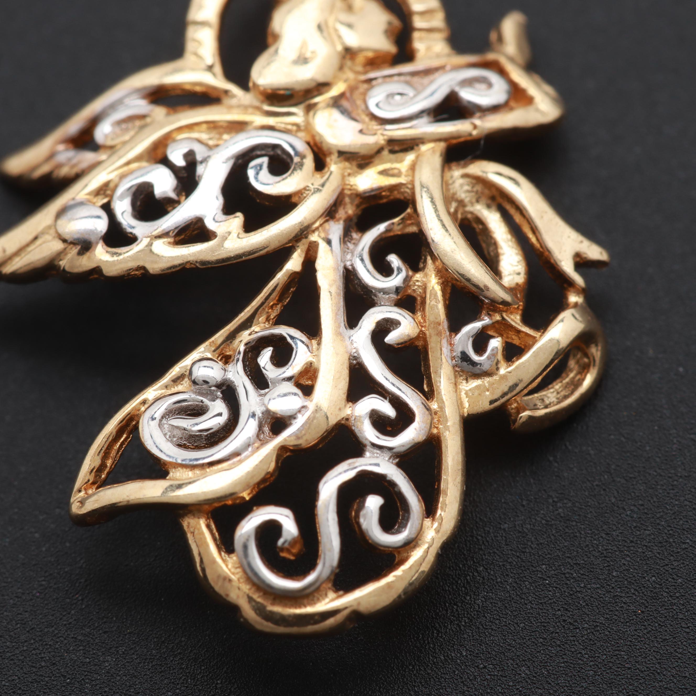 10K Yellow and White Gold Angel Pendant