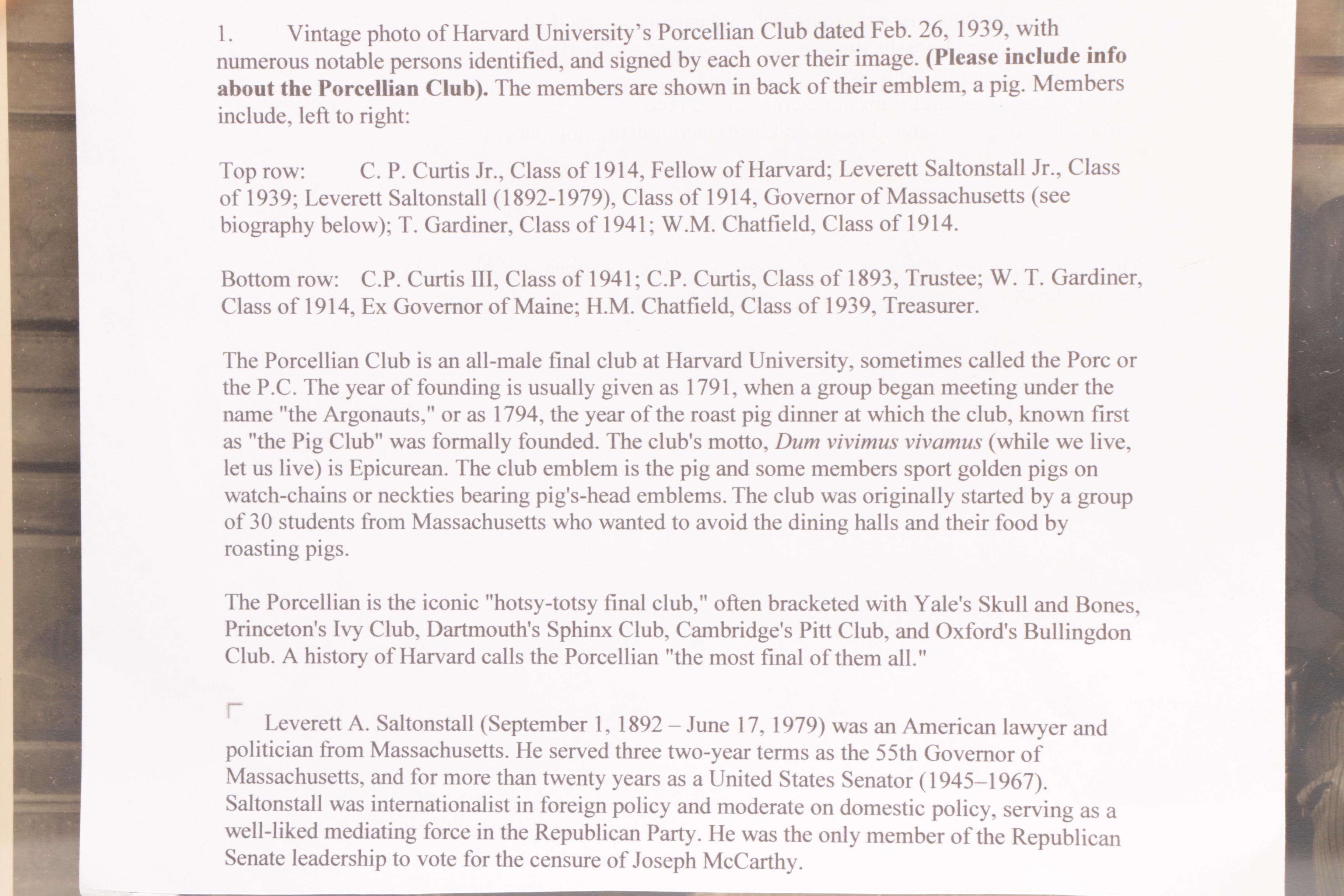 1939 Harvard University "Porcellian Club" Signed by Pictured Members
