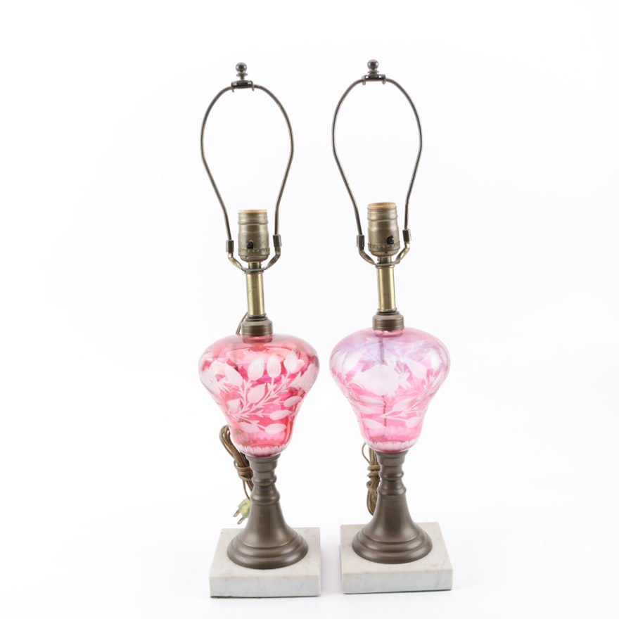 Converted Etched Ruby Flashed Glass Lamps with Marble Bases