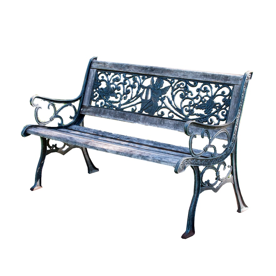 Outdoor Black Cast Metal and Wood Bench