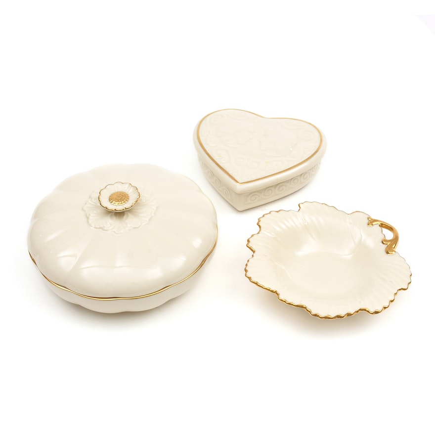 Lenox Ivory and Gold Bone China Covered Boxes and Leaf Dish
