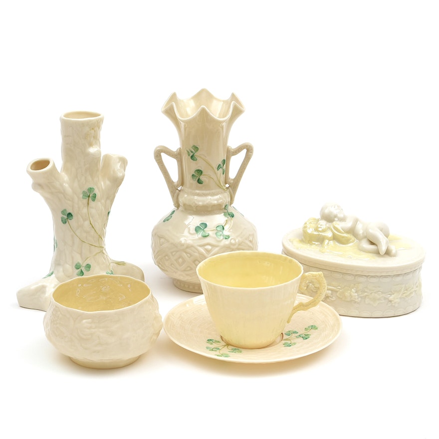 Collection of Irish Belleek Porcelain Vases and Tableware