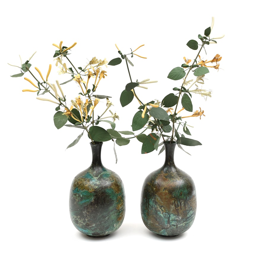 Pair of Bronze Vases with Metal Honeysuckle