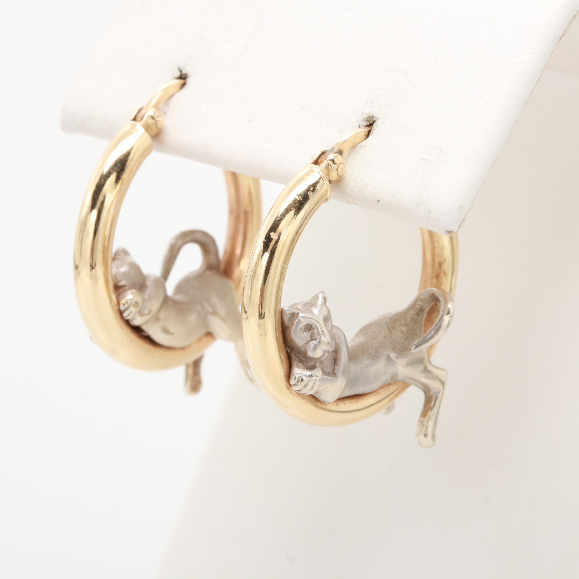 14K White and Yellow Gold Panther Hoop Earrings