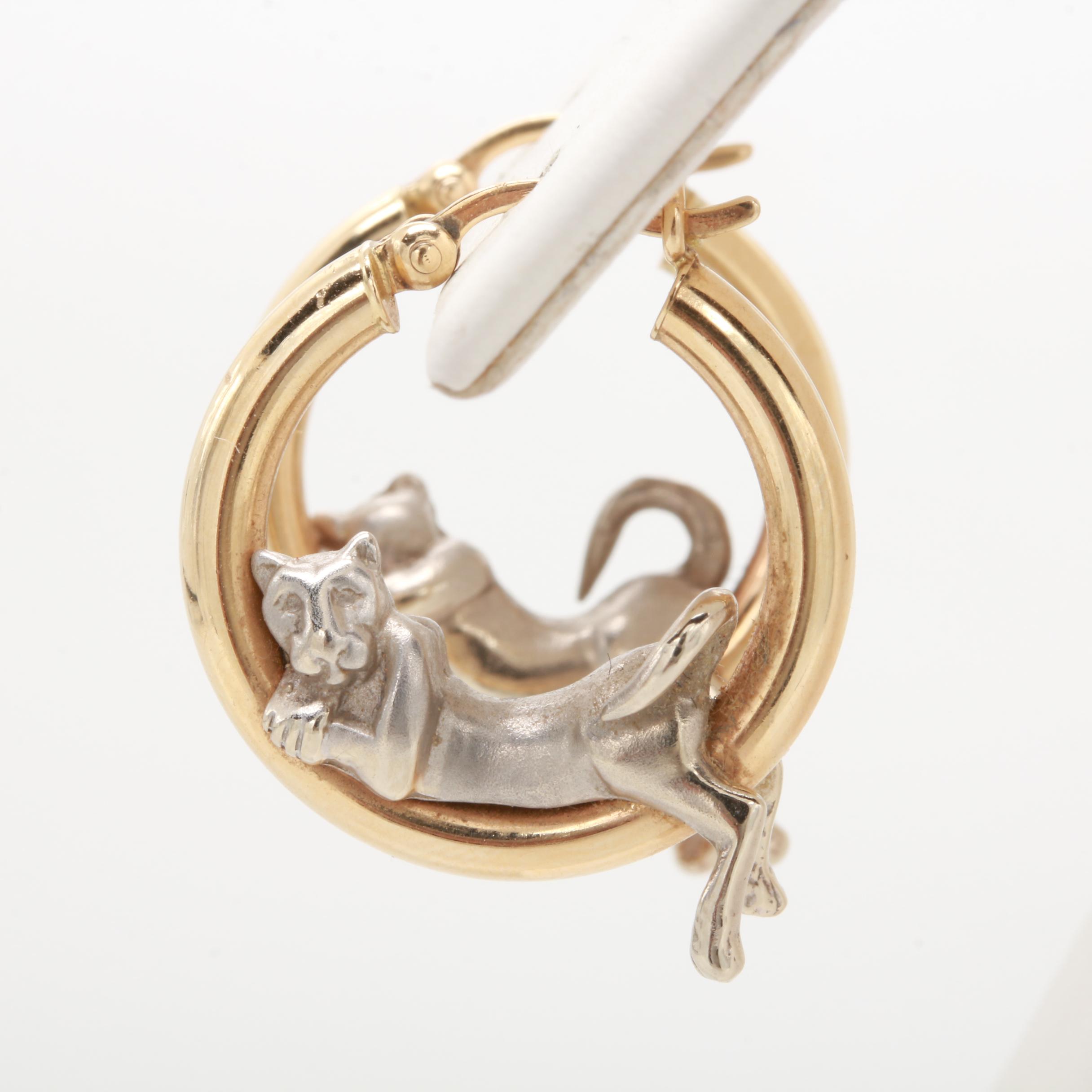 14K White and Yellow Gold Panther Hoop Earrings