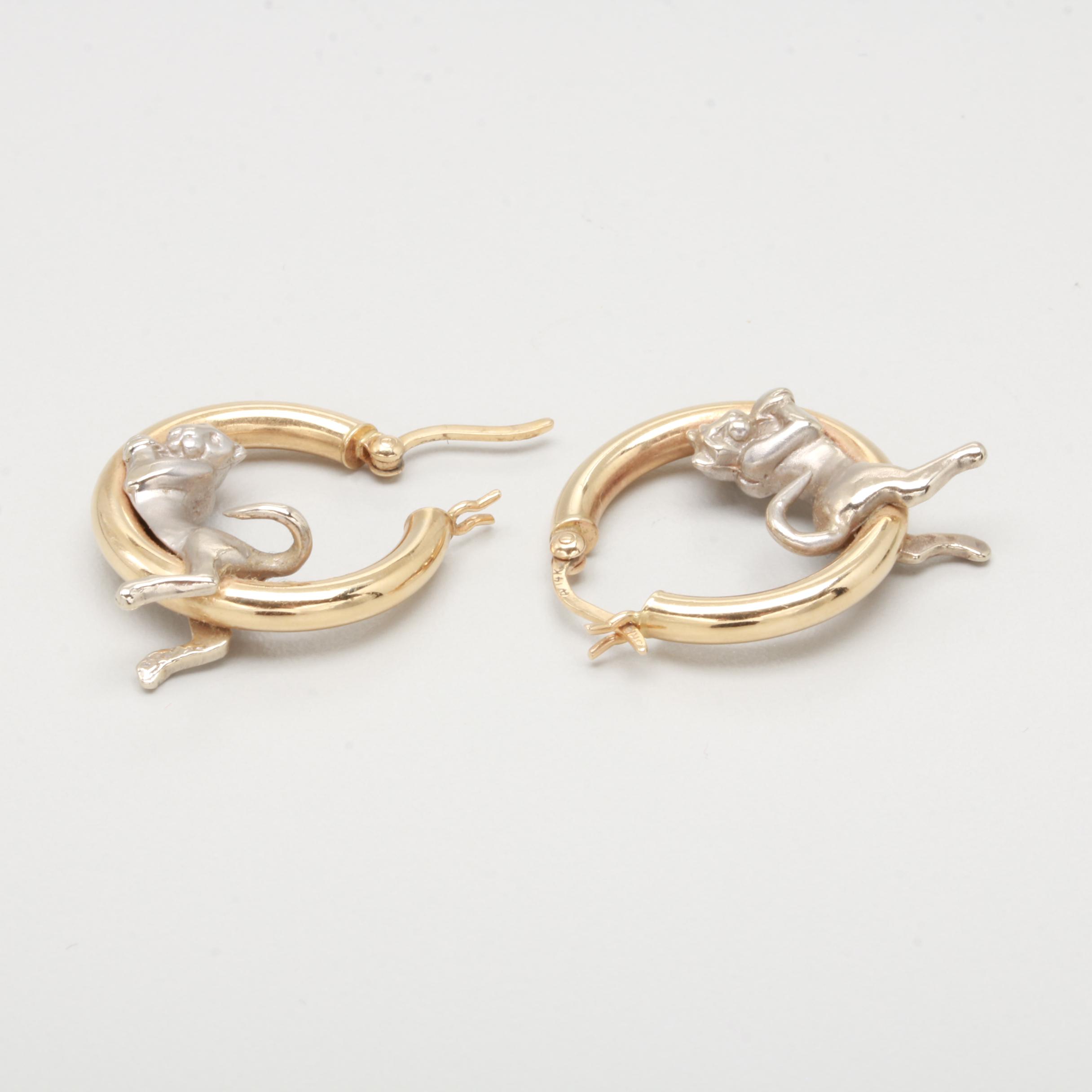 14K White and Yellow Gold Panther Hoop Earrings