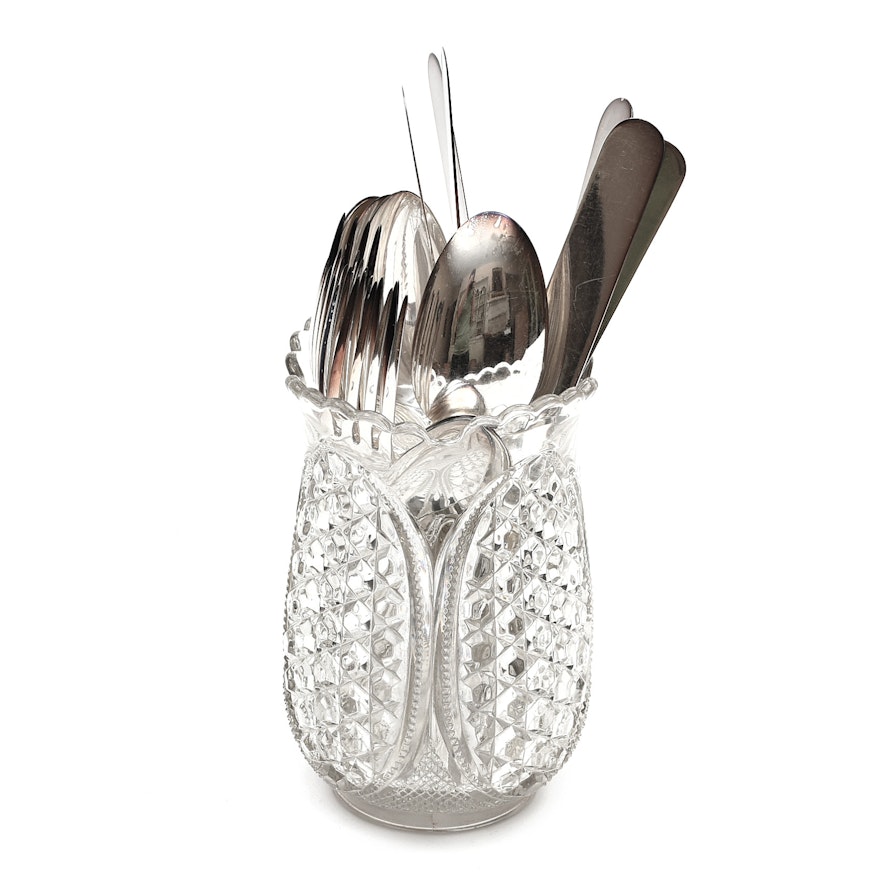 Pressed Glass Celery Vase with Silver Plate Flatware
