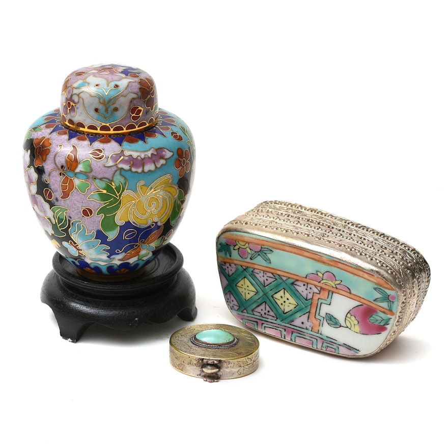 Chinese Miniature Cloisonné Jar, Porcelain Shard Box and Pill Box