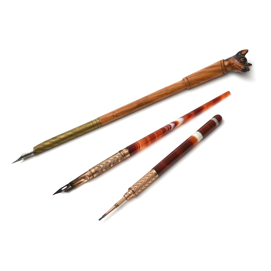 Antique Carved Fox Terrier and Banded Agate Fountain Pens and Pencil