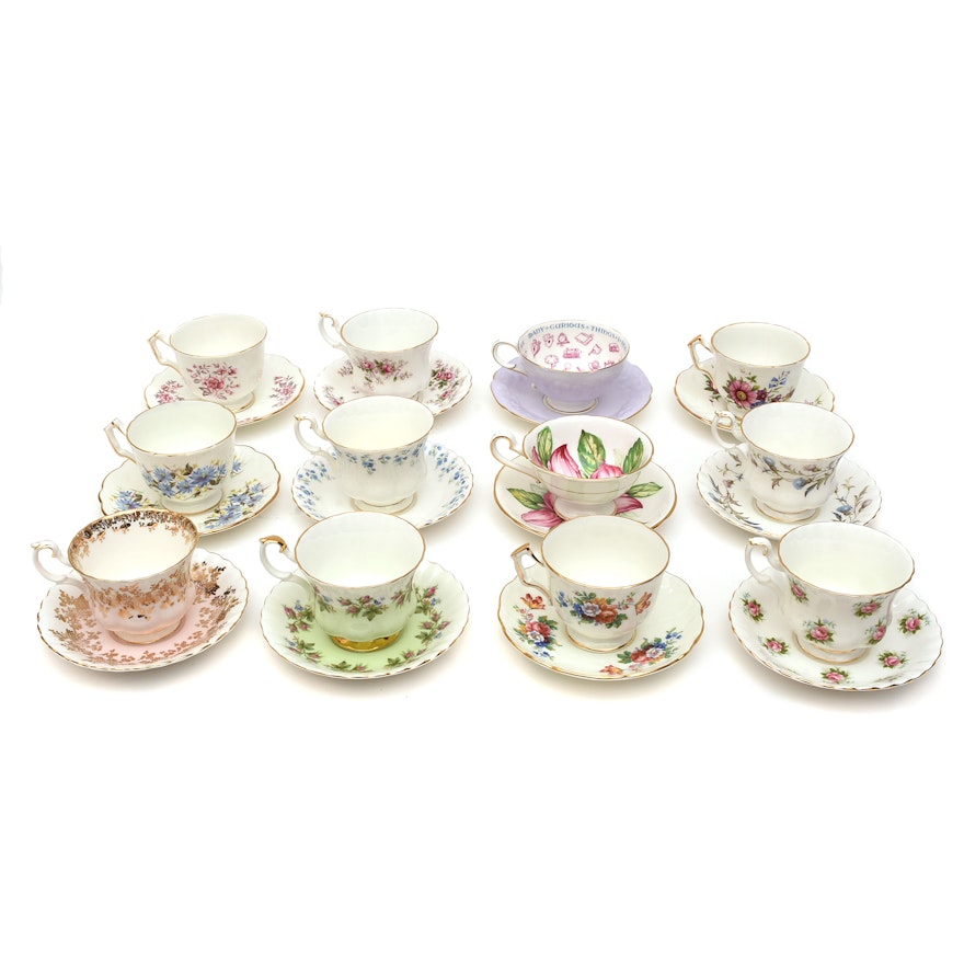 Twelve Assorted English Floral Bone China Tea Cups and Saucers