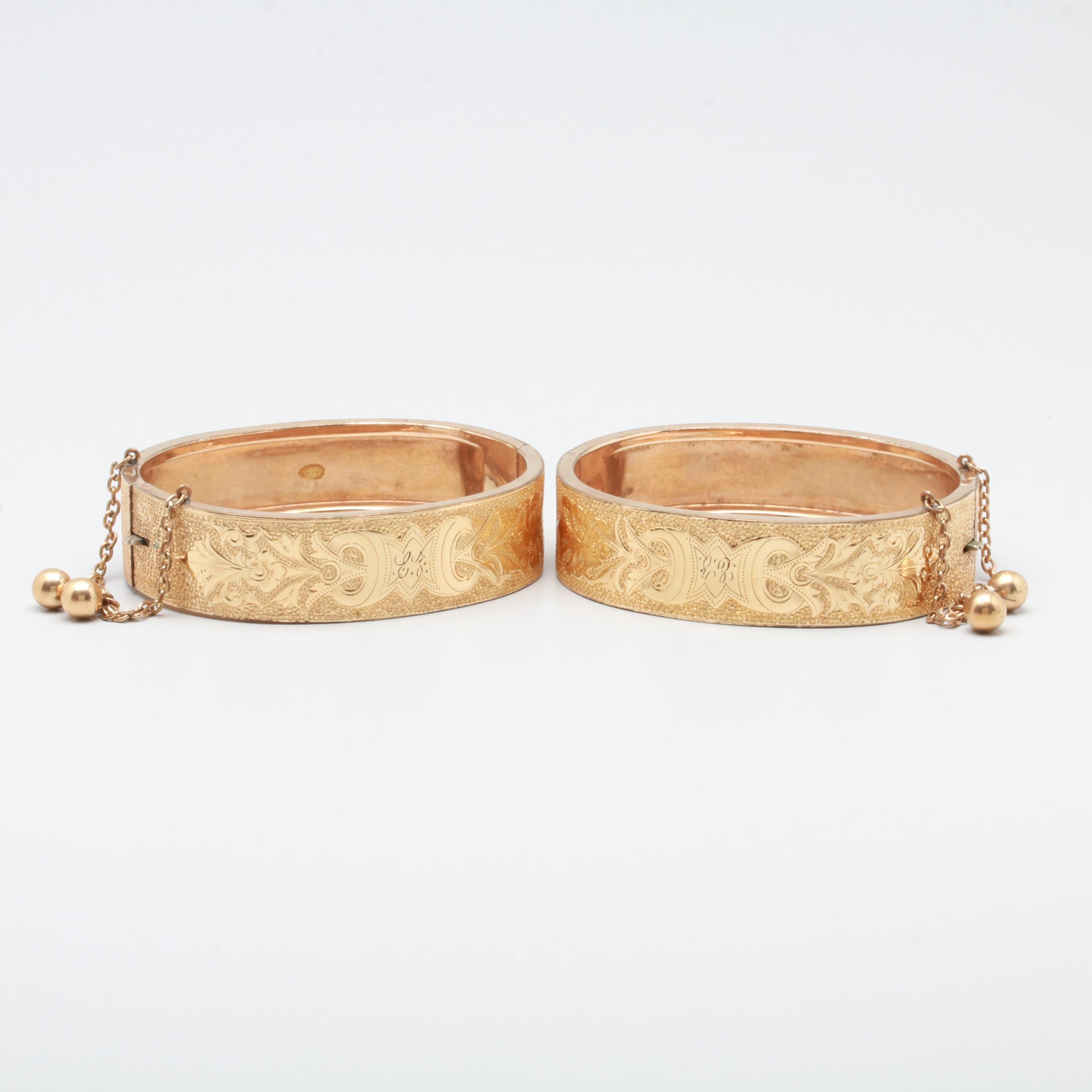 Mid-Victorian Hayward and Briggs Gold Tone Enamel Bangle Bracelets