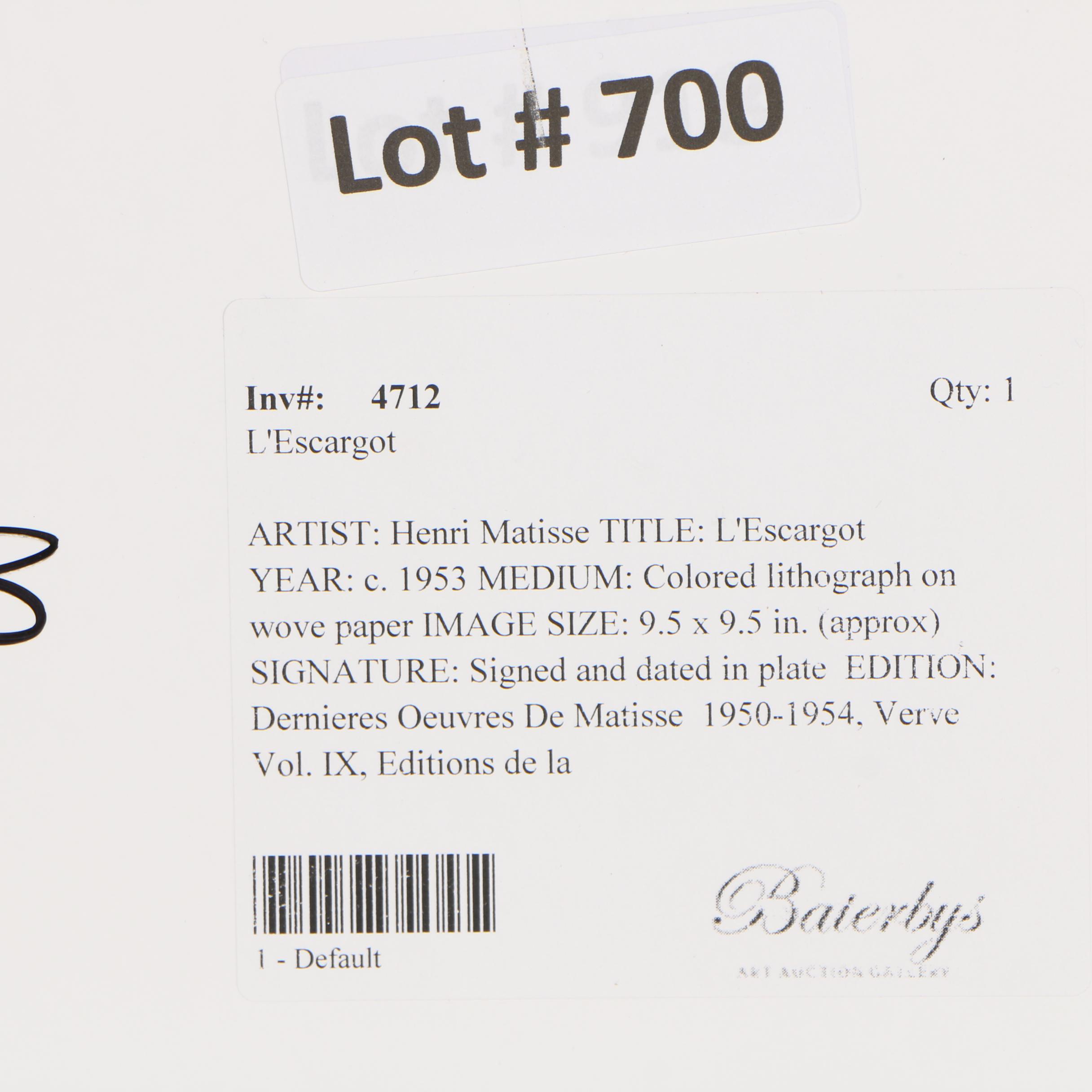 Henri Matisse Lithograph "L'Escargot" from "Verve"