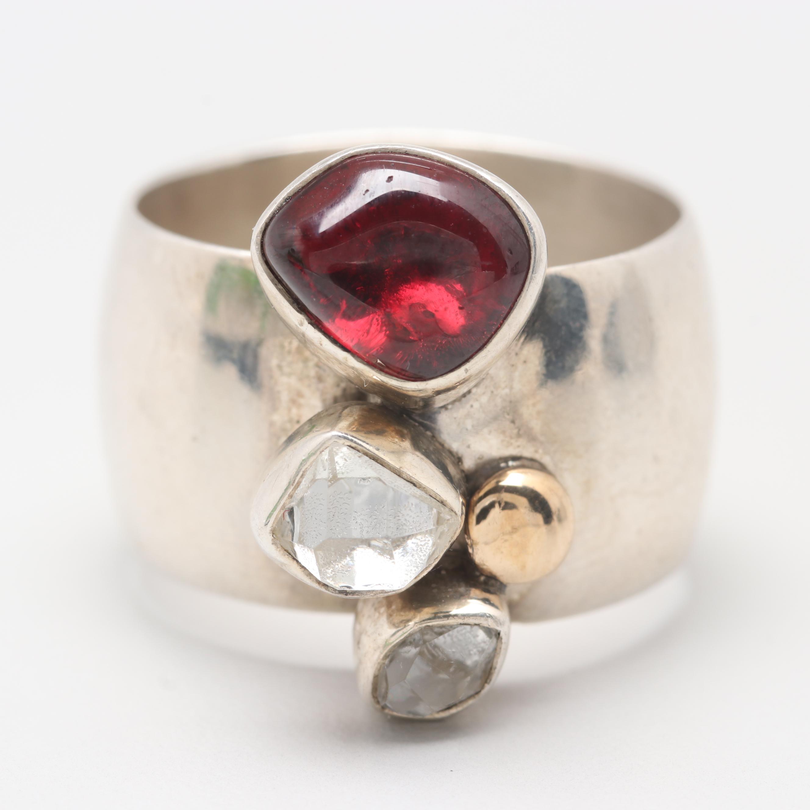 Lilly Barrack Sterling Silver Garnet and Quartz Ring with 14K Yellow Gold Accent