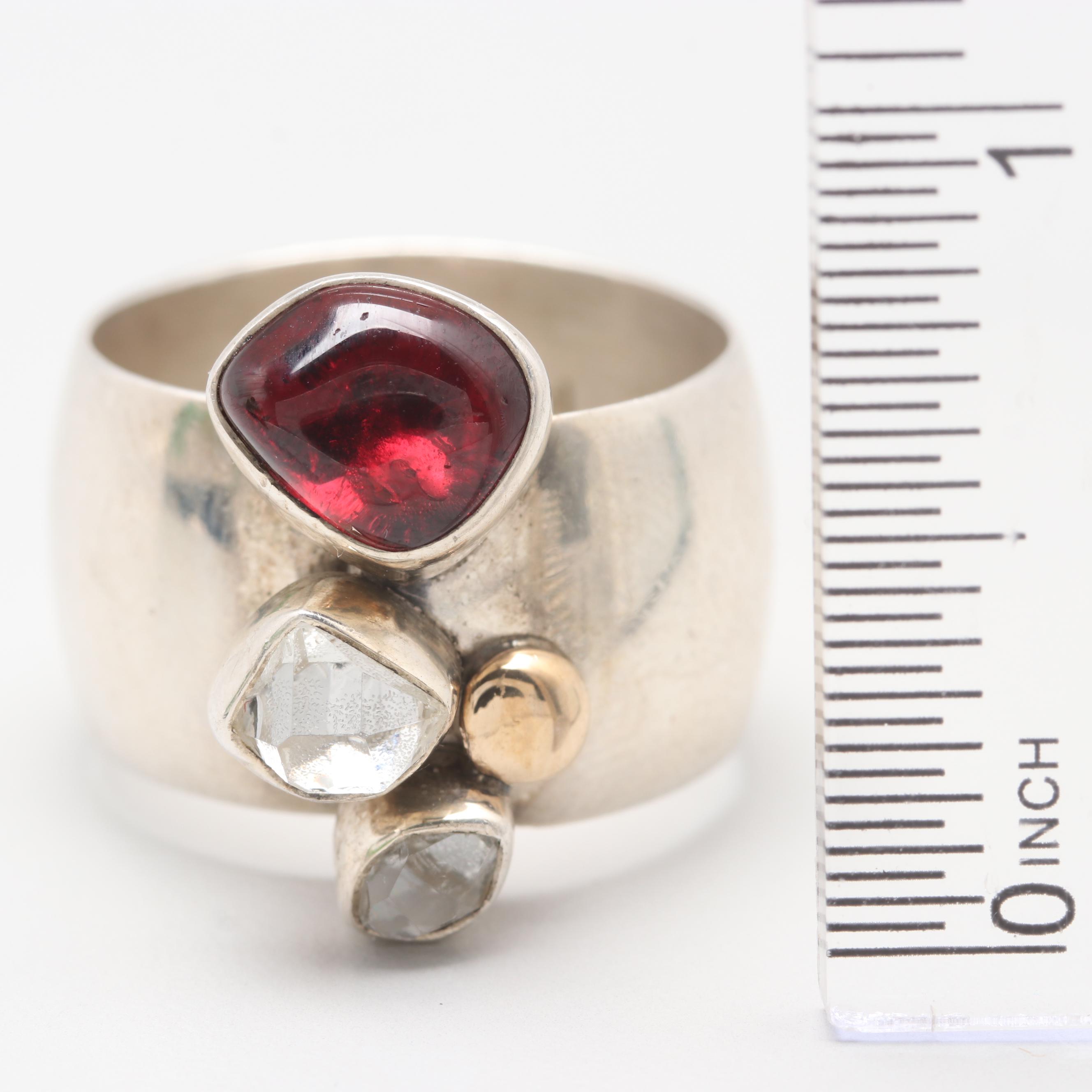 Lilly Barrack Sterling Silver Garnet and Quartz Ring with 14K Yellow Gold Accent
