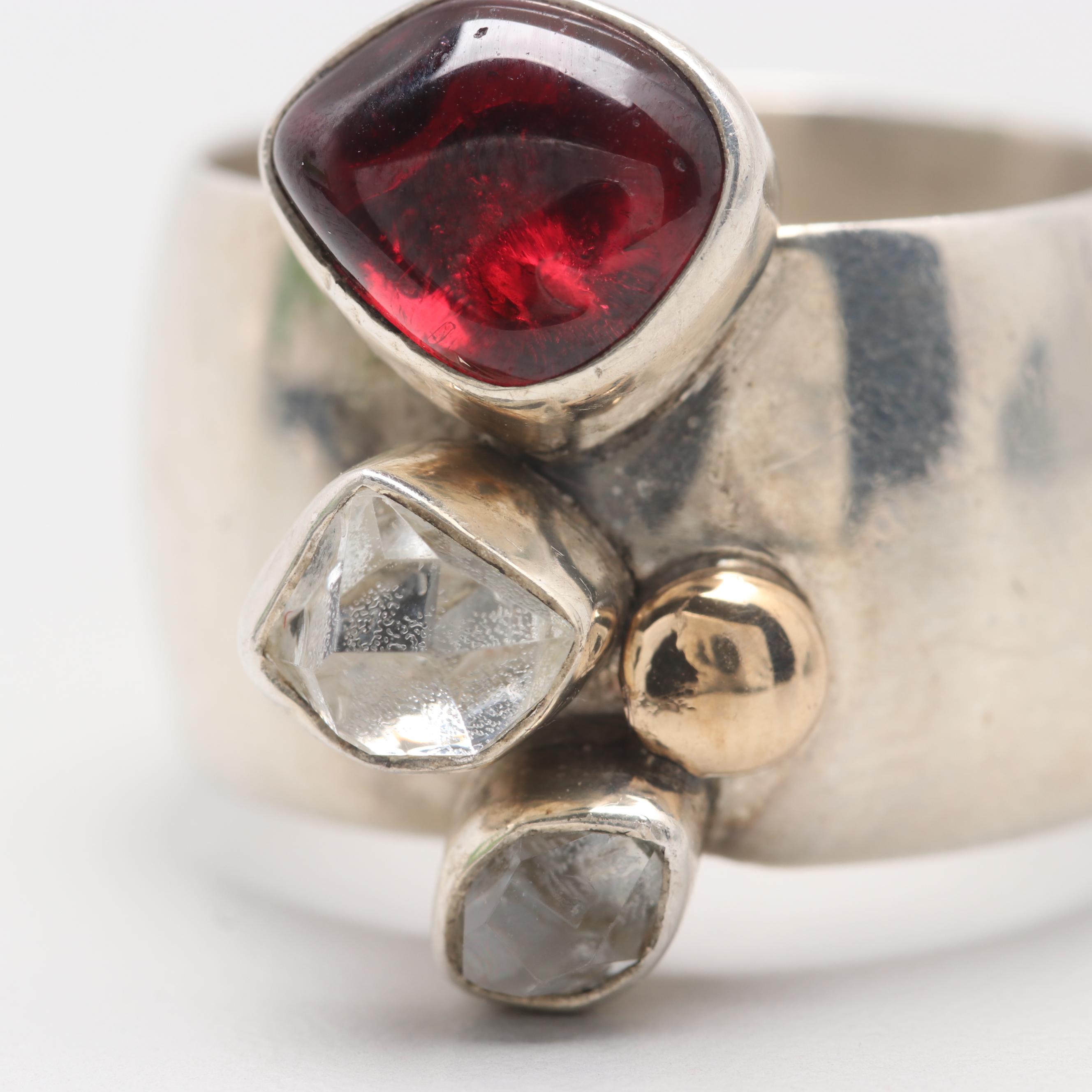 Lilly Barrack Sterling Silver Garnet and Quartz Ring with 14K Yellow Gold Accent
