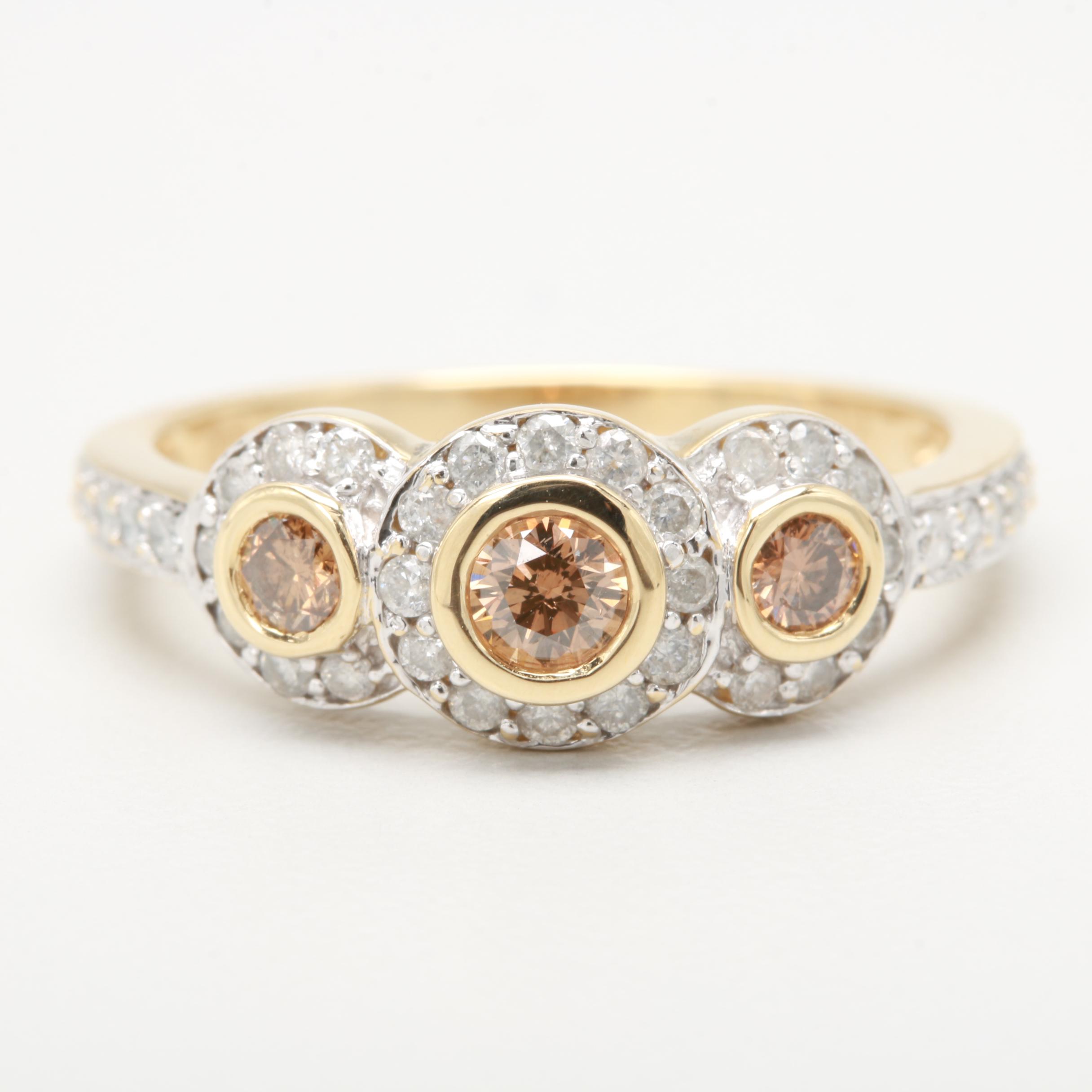 14K Yellow Gold Three Stone Brown Diamond and Diamond Ring