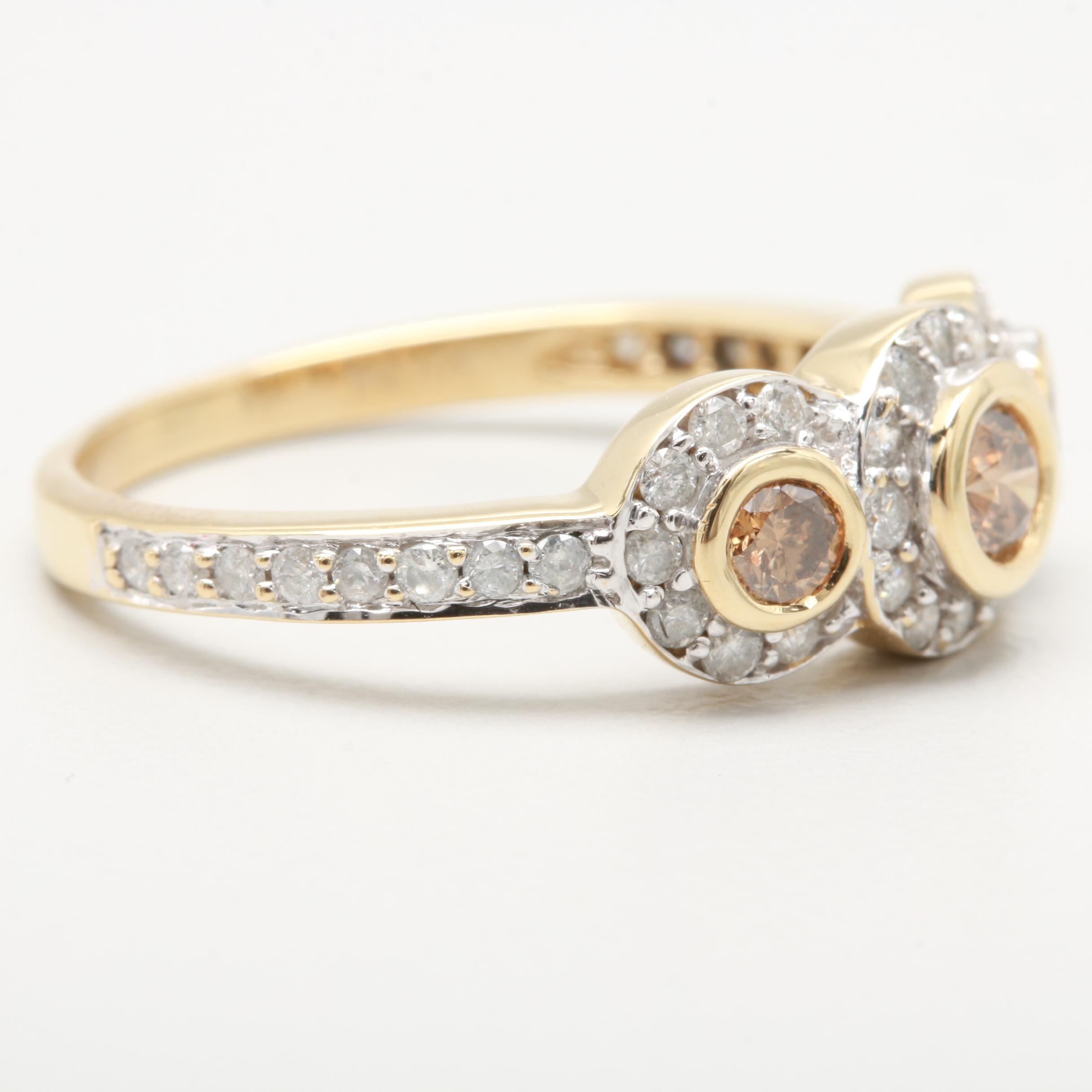 14K Yellow Gold Three Stone Brown Diamond and Diamond Ring