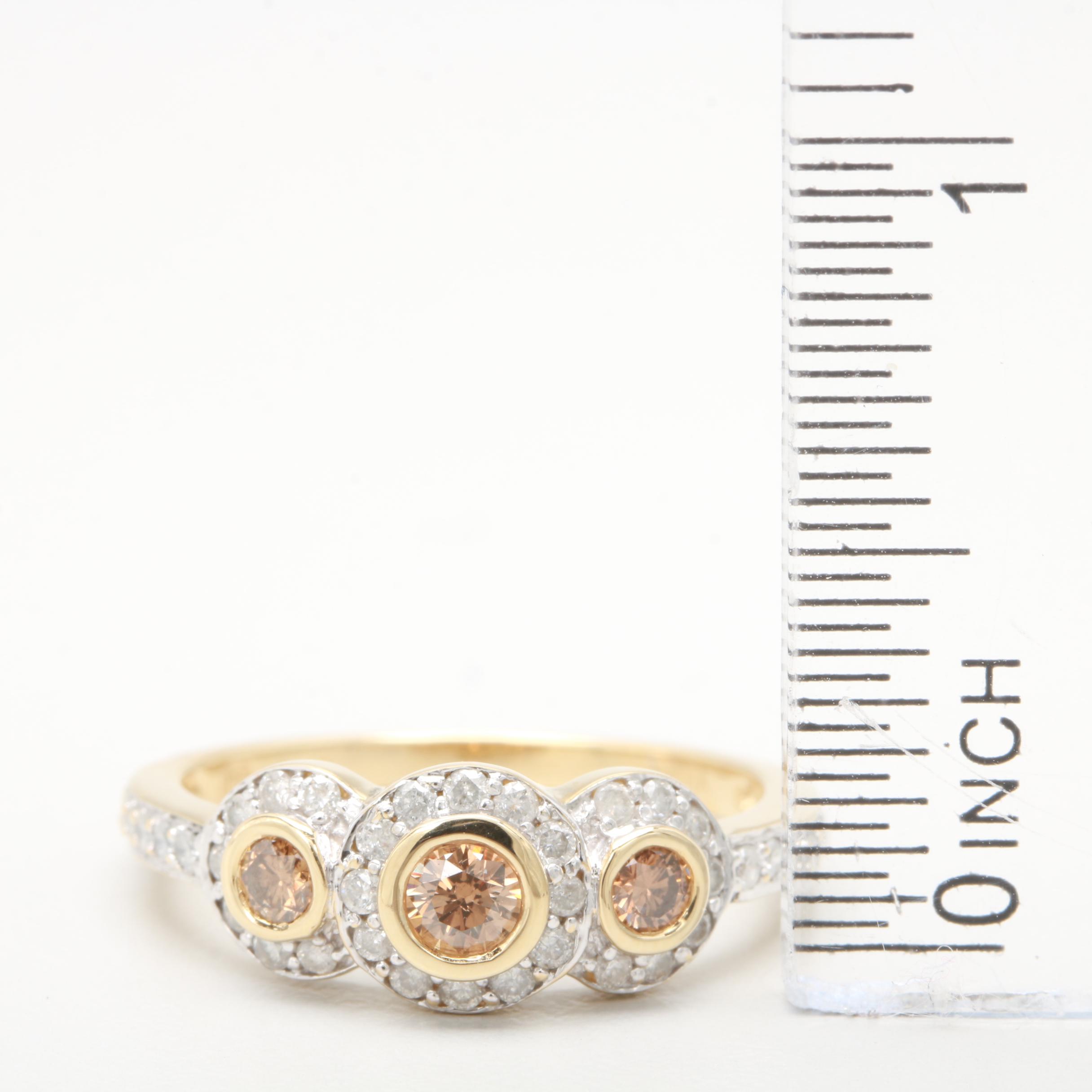 14K Yellow Gold Three Stone Brown Diamond and Diamond Ring