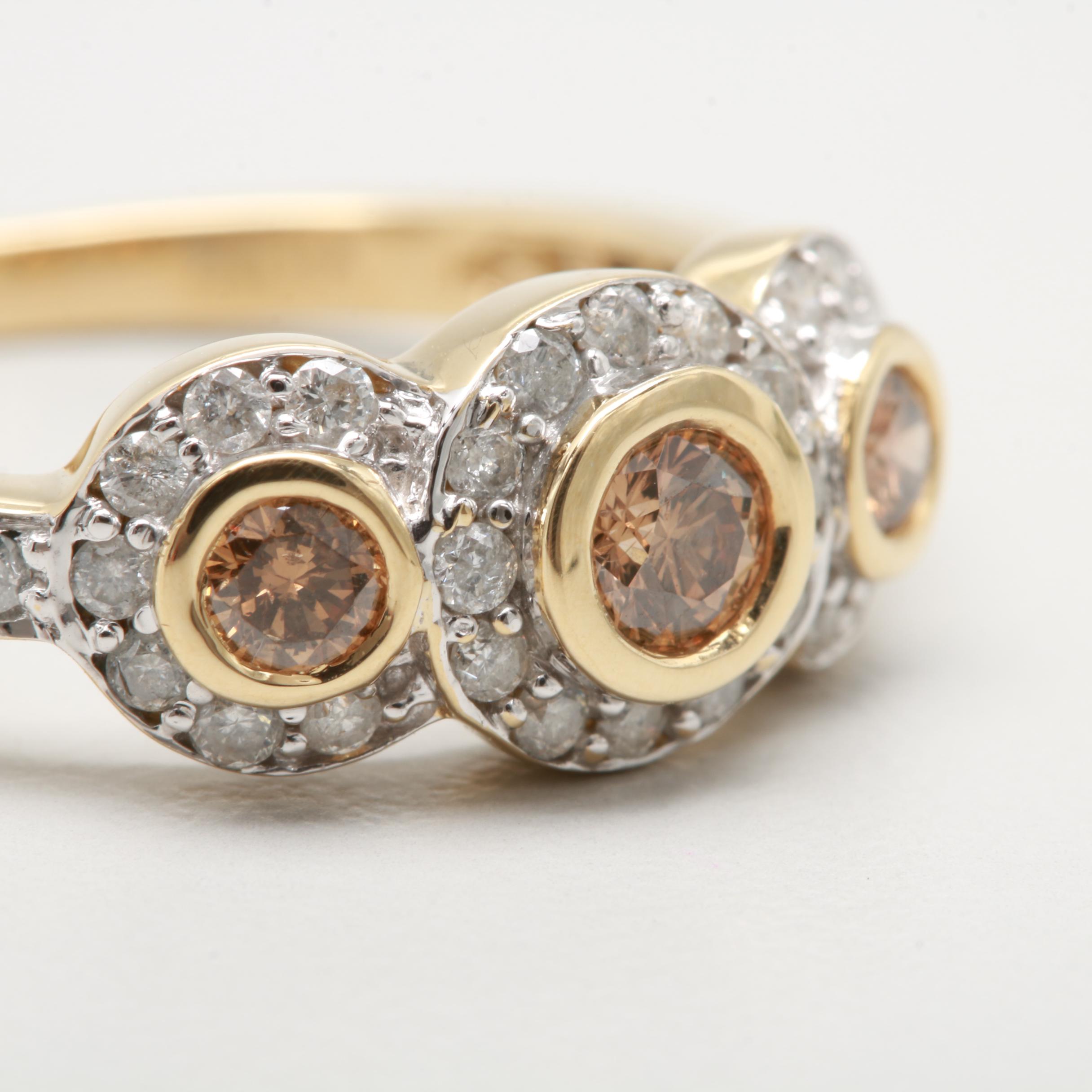 14K Yellow Gold Three Stone Brown Diamond and Diamond Ring