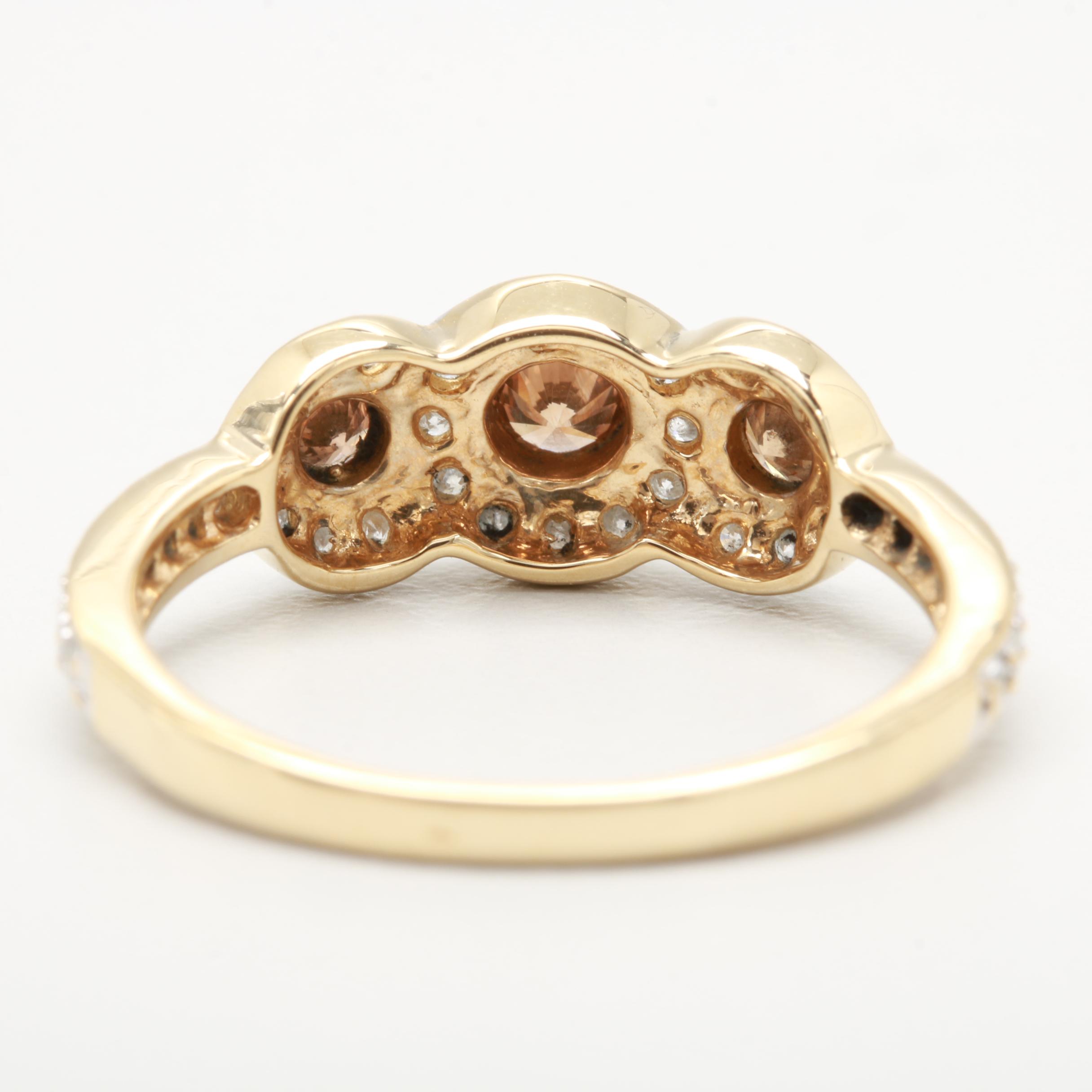 14K Yellow Gold Three Stone Brown Diamond and Diamond Ring
