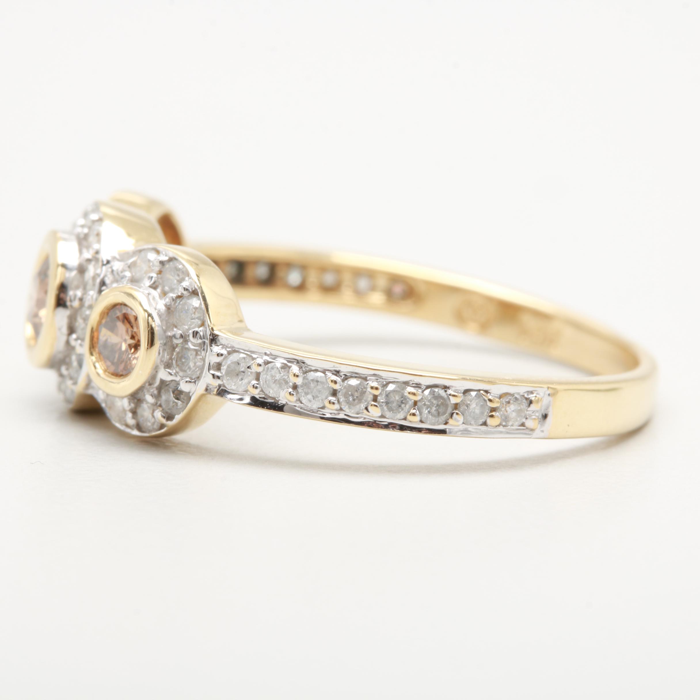 14K Yellow Gold Three Stone Brown Diamond and Diamond Ring