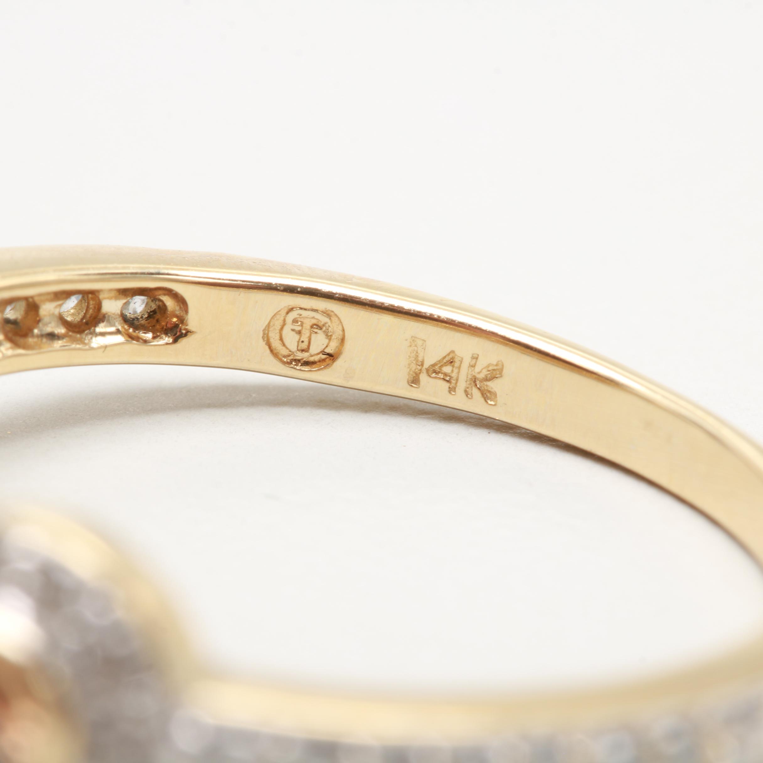 14K Yellow Gold Three Stone Brown Diamond and Diamond Ring