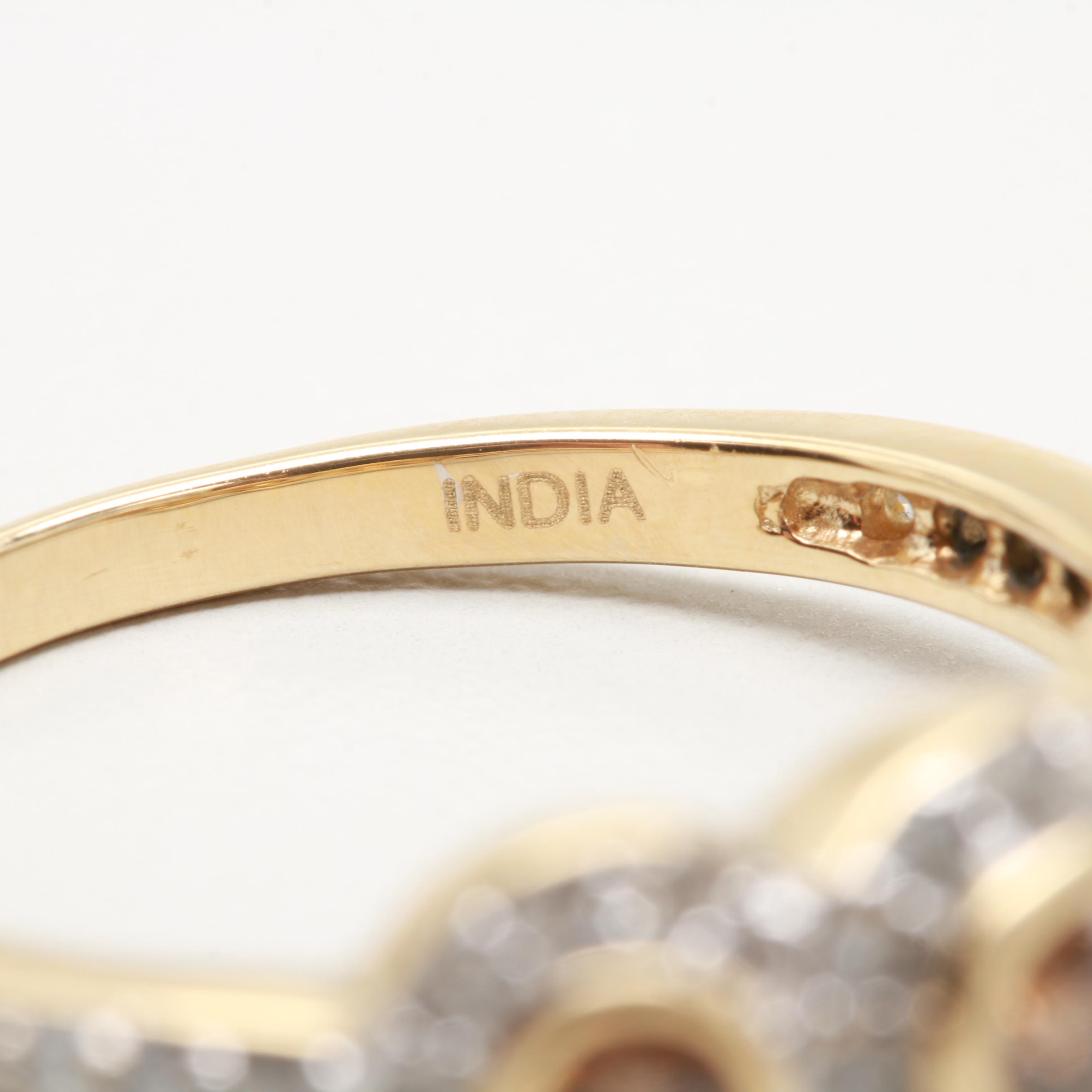 14K Yellow Gold Three Stone Brown Diamond and Diamond Ring