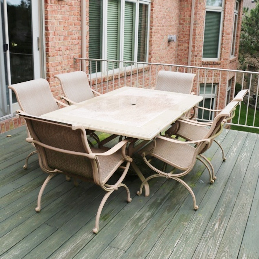 Cast Aluminum and Resin Seven Piece Patio Dining Set, Late 20th Century