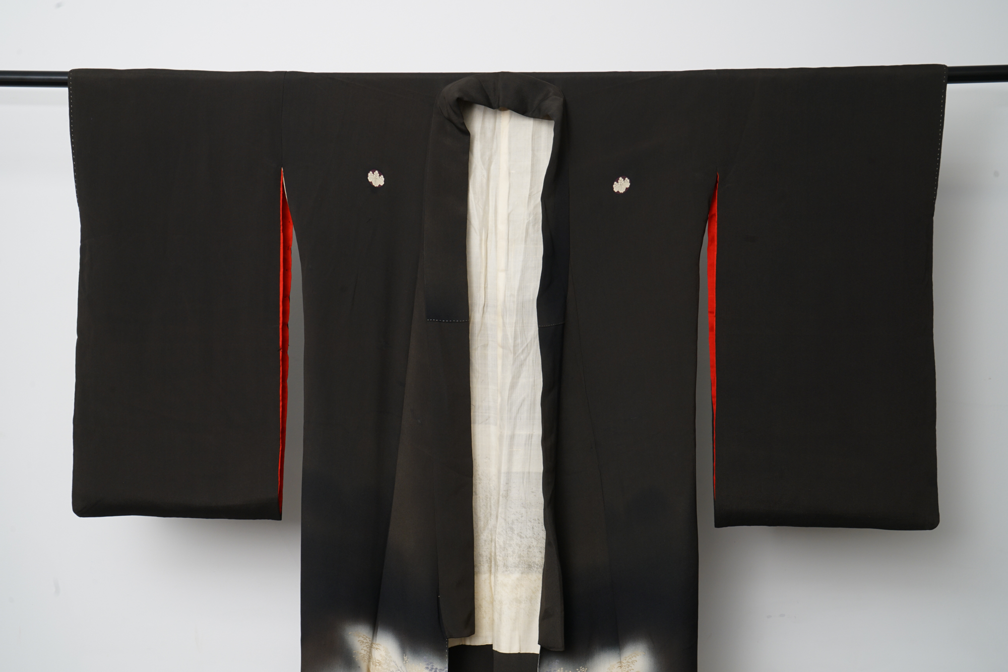 Circa 1890 Antique Japanese Handwoven Formal Crested Silk Kuro-Tomesode Kimono