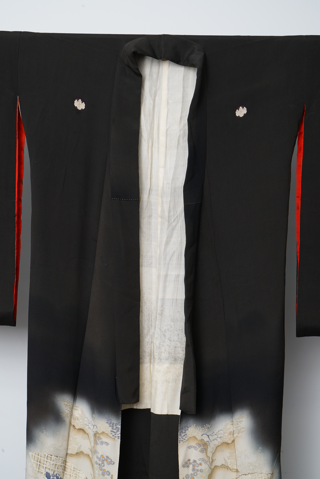 Circa 1890 Antique Japanese Handwoven Formal Crested Silk Kuro-Tomesode Kimono