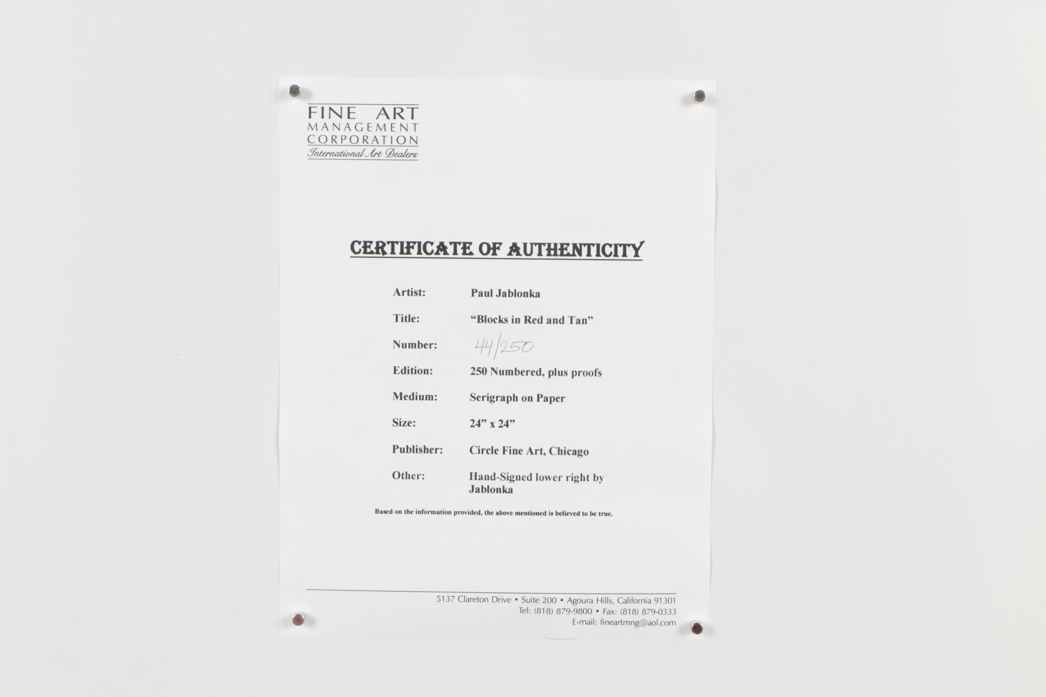 Paul Jablonka Serigraph "Blocks in Red and Tan"