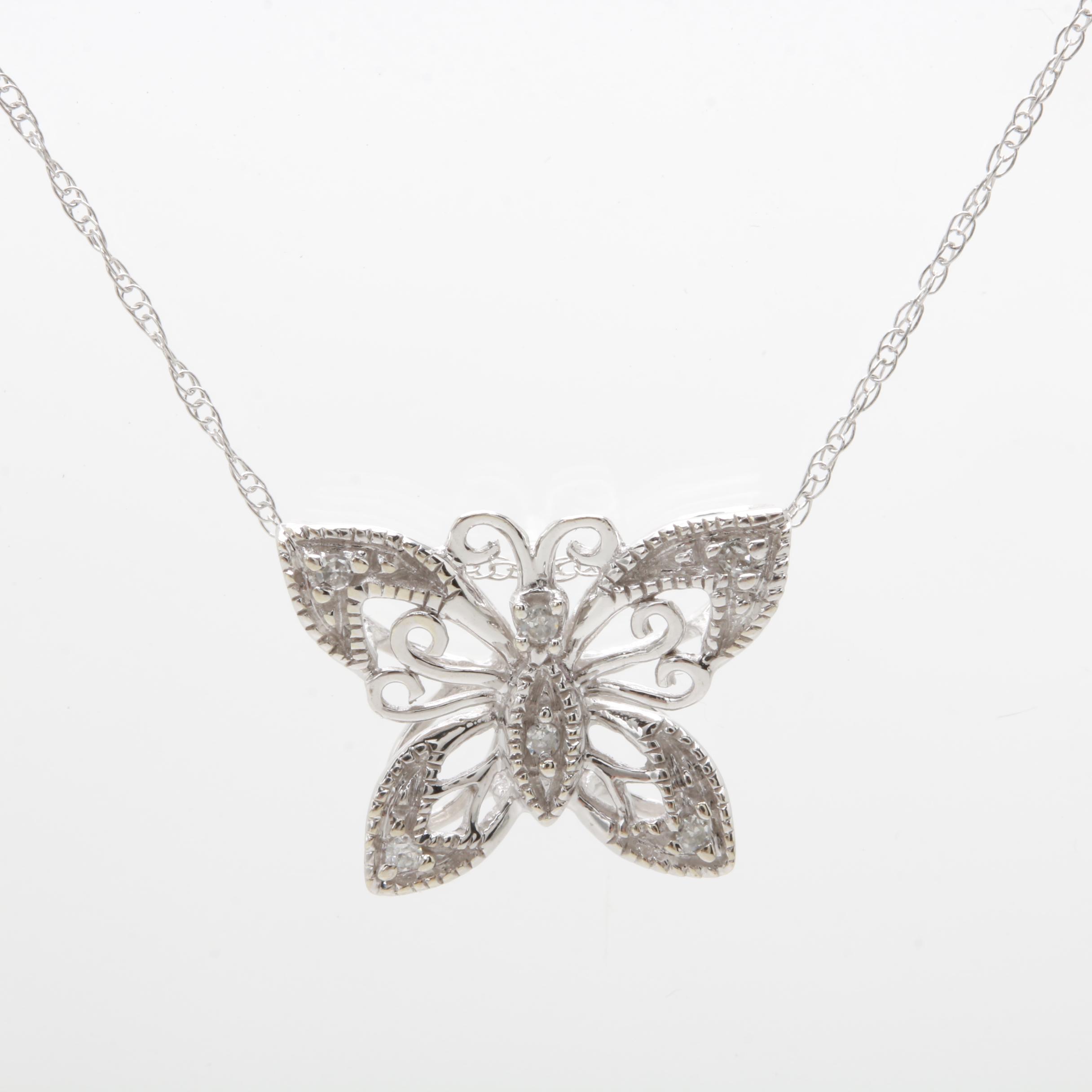 10K White Gold Diamond Pendant with 14K White Gold Chain Necklace