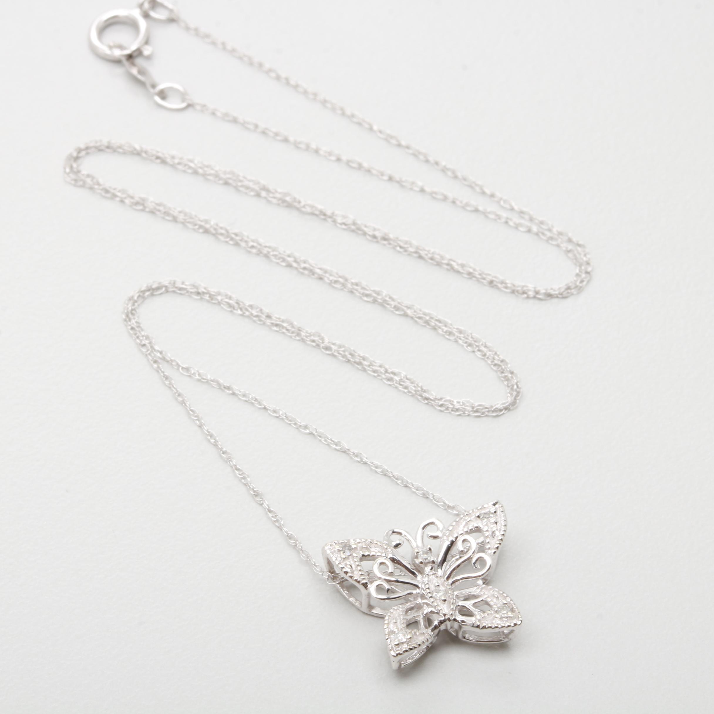 10K White Gold Diamond Pendant with 14K White Gold Chain Necklace