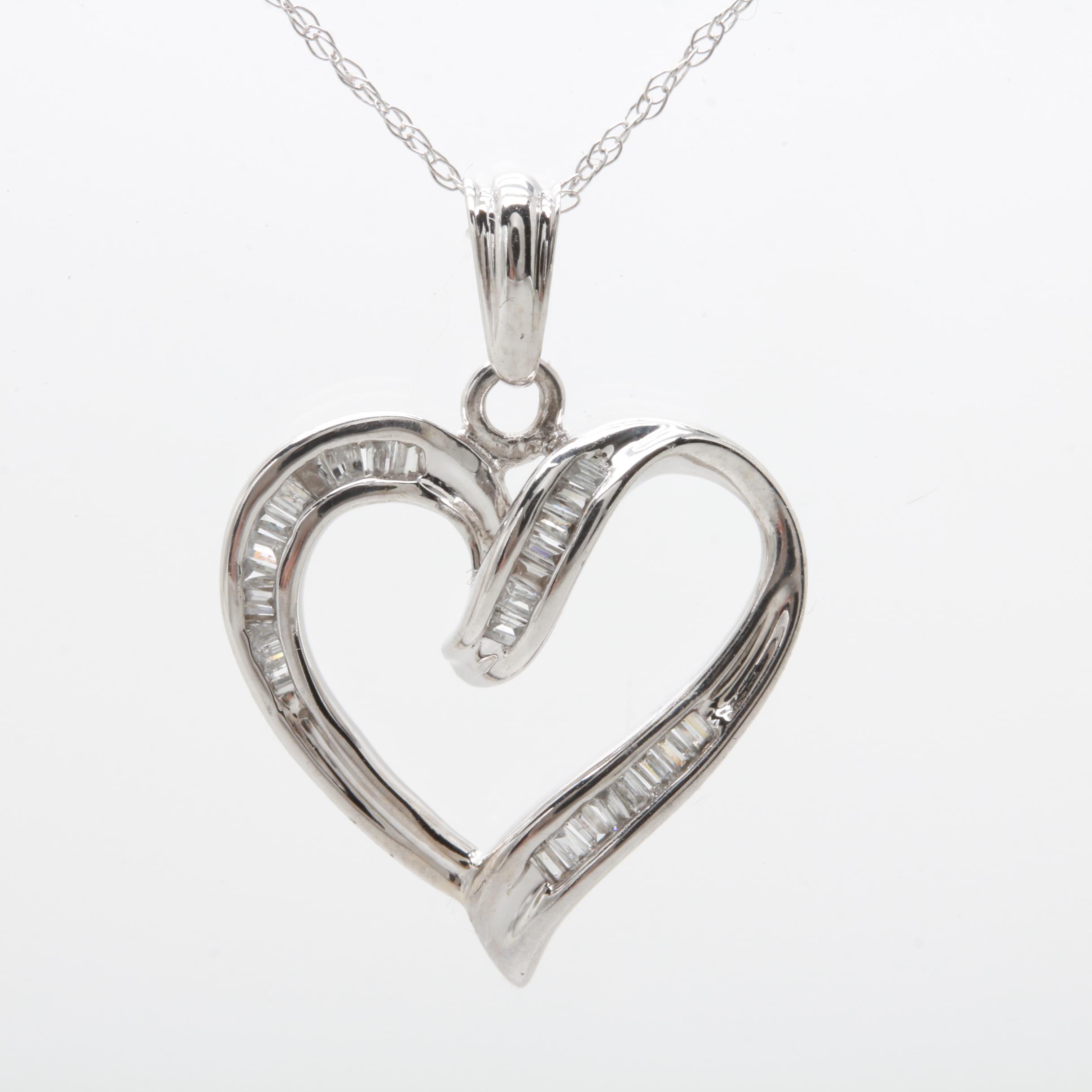 10K White Gold Diamond Heart Pendant with 14K White Gold Chain Necklace