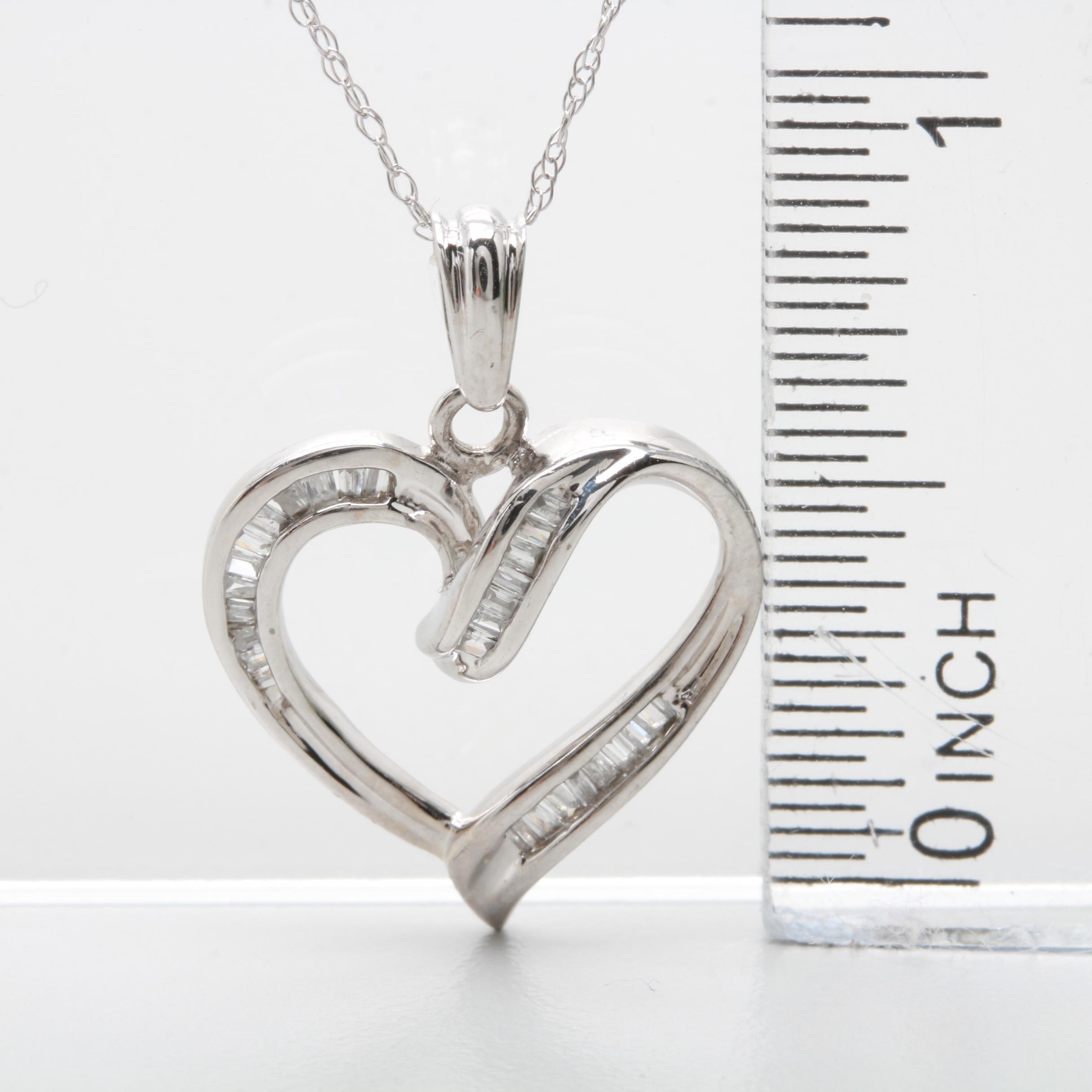 10K White Gold Diamond Heart Pendant with 14K White Gold Chain Necklace