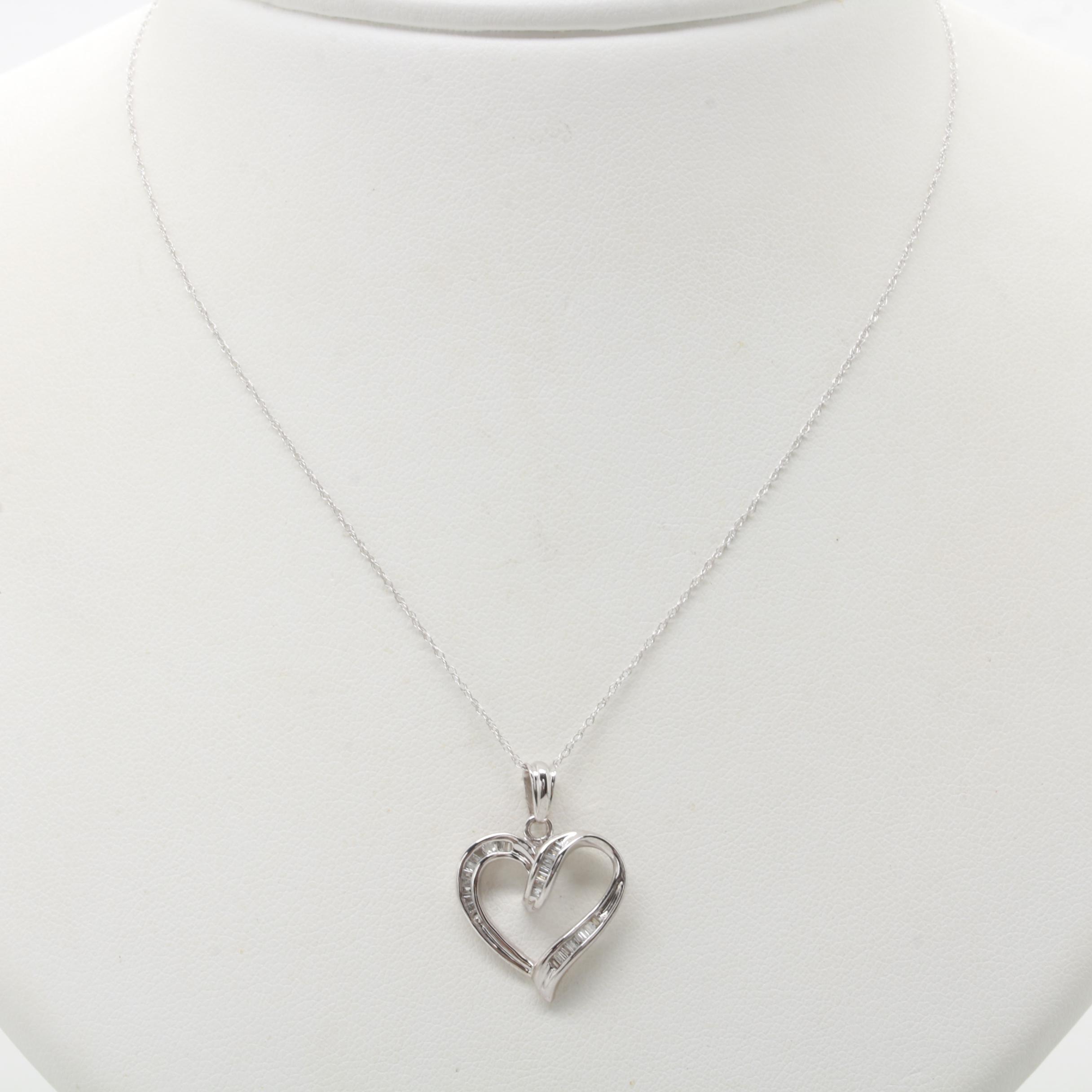 10K White Gold Diamond Heart Pendant with 14K White Gold Chain Necklace