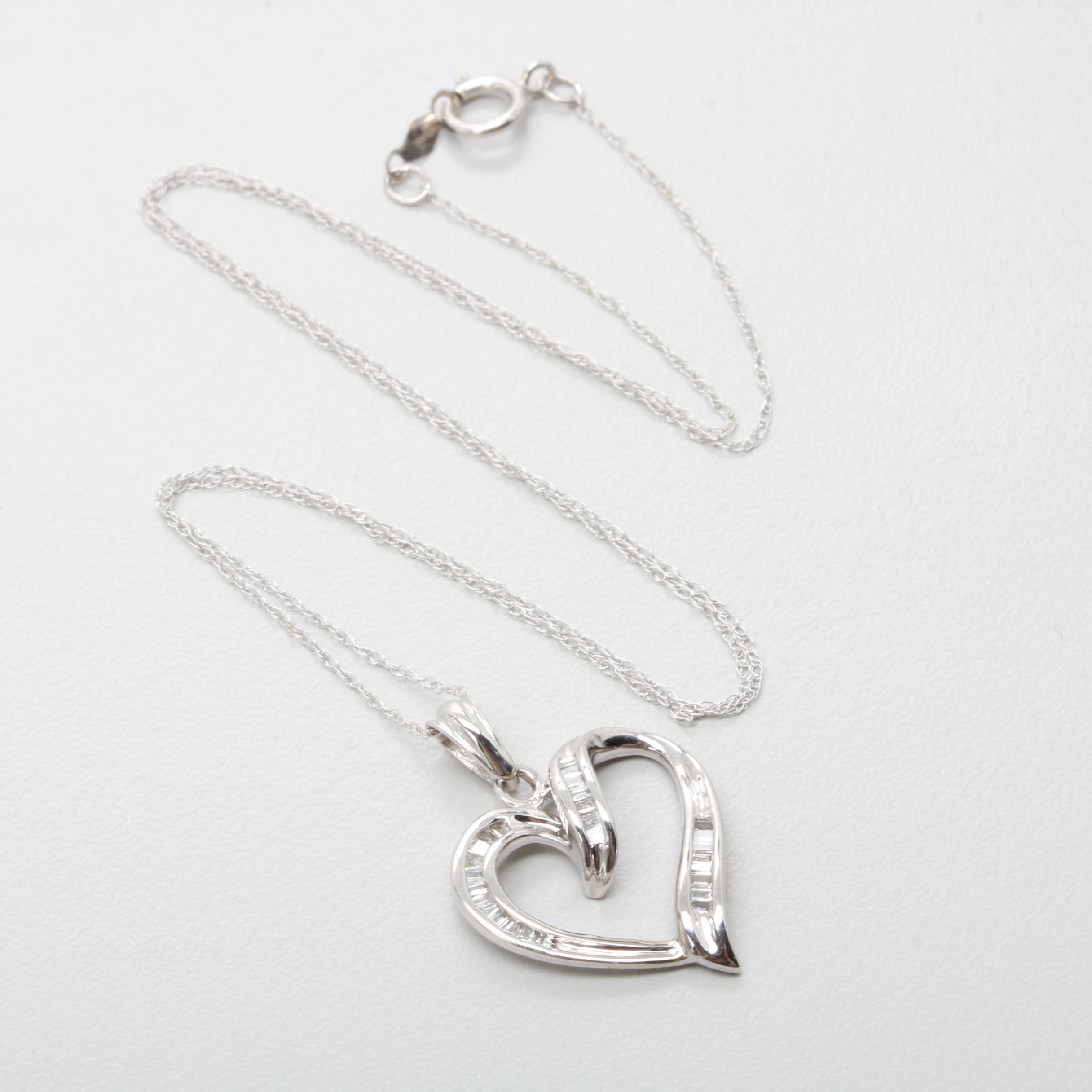 10K White Gold Diamond Heart Pendant with 14K White Gold Chain Necklace