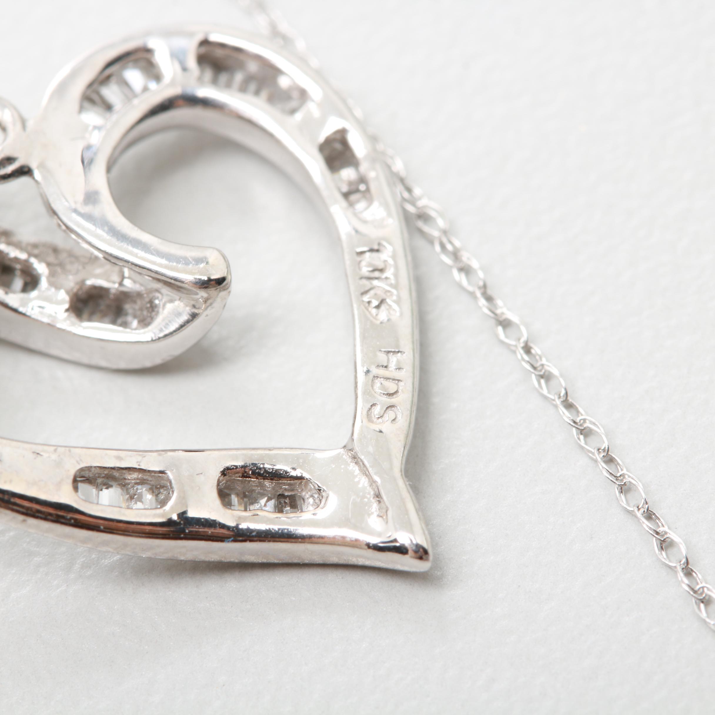 10K White Gold Diamond Heart Pendant with 14K White Gold Chain Necklace