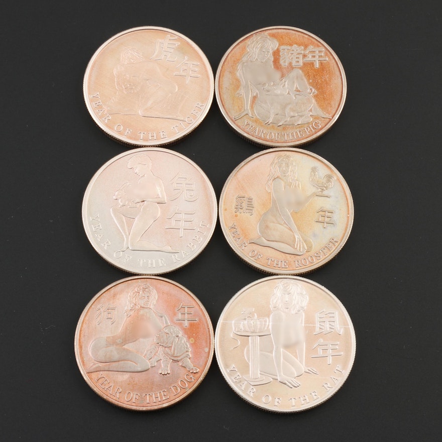 Group of Six Chinese Calendar Themed One Ounce .999 Silver Rounds
