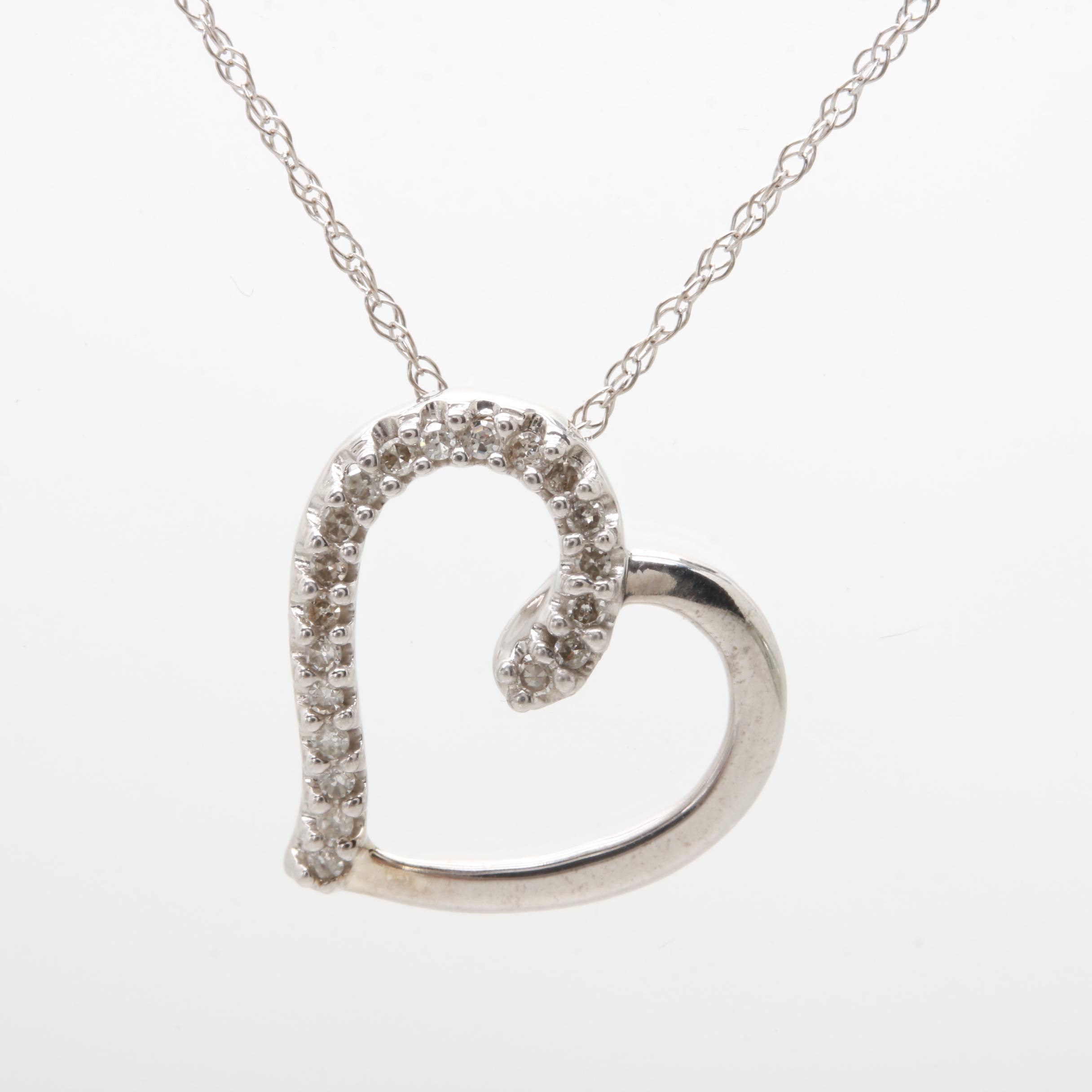 Sterling Silver Diamond Heart Pendant with 10K White Gold Chain Necklace
