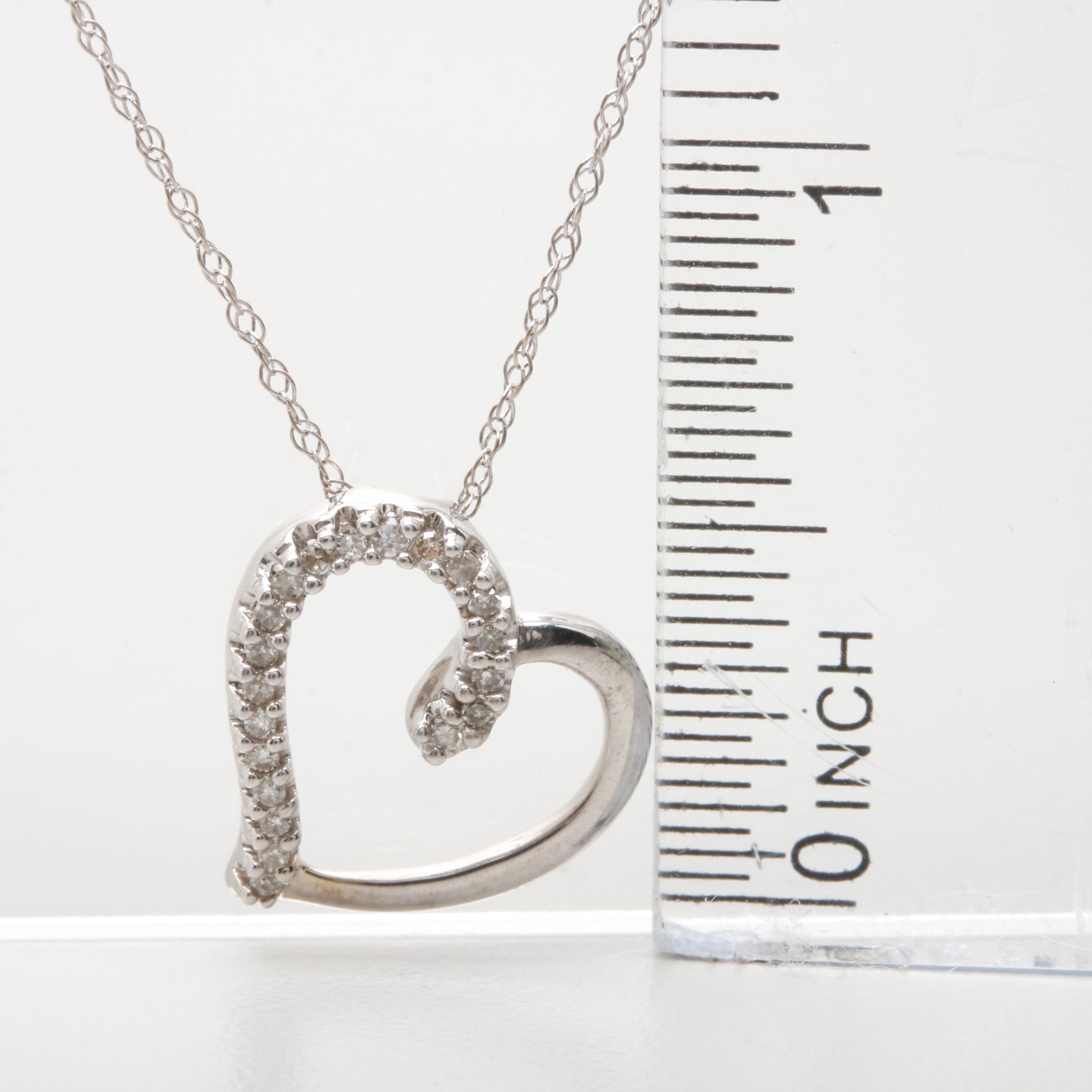 Sterling Silver Diamond Heart Pendant with 10K White Gold Chain Necklace