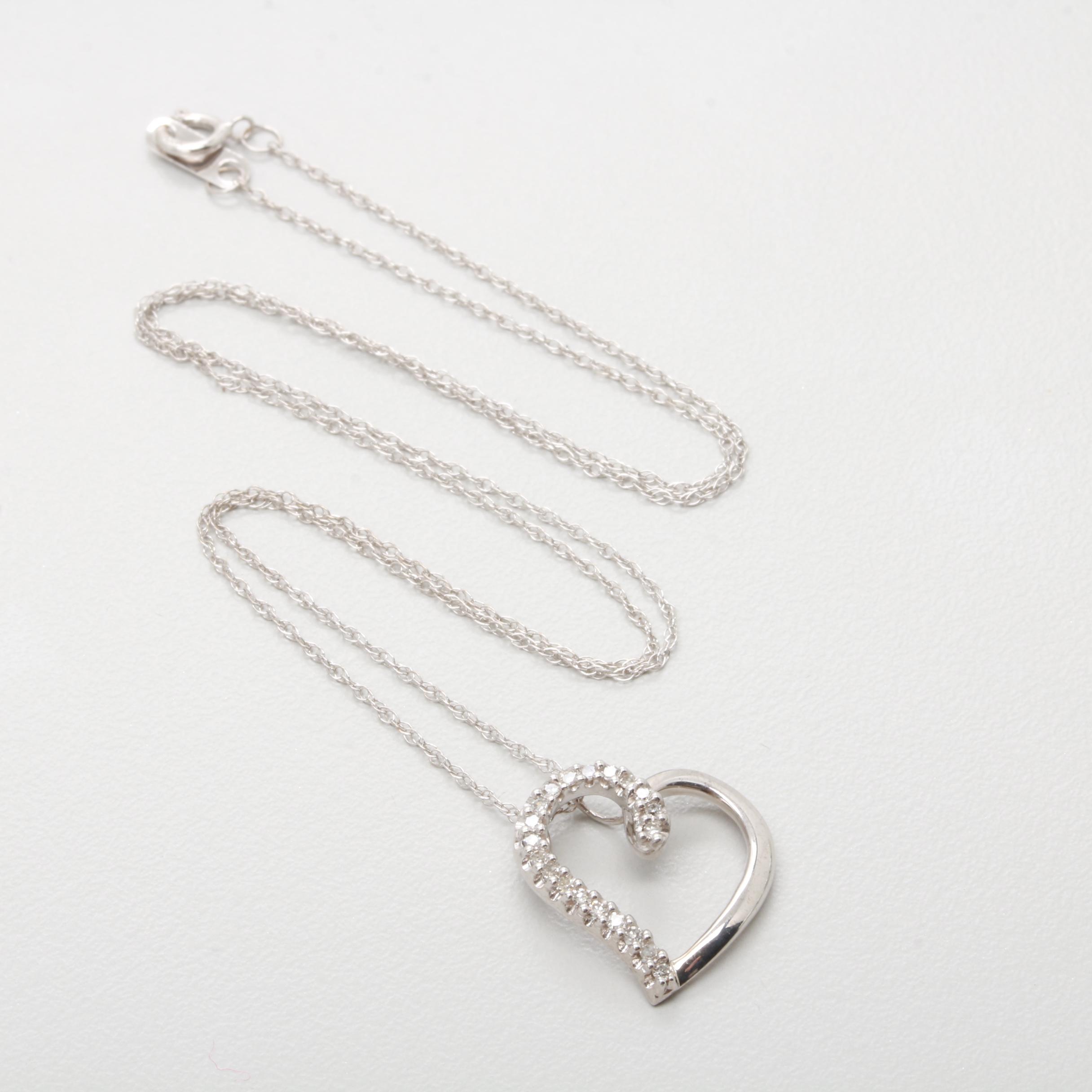 Sterling Silver Diamond Heart Pendant with 10K White Gold Chain Necklace
