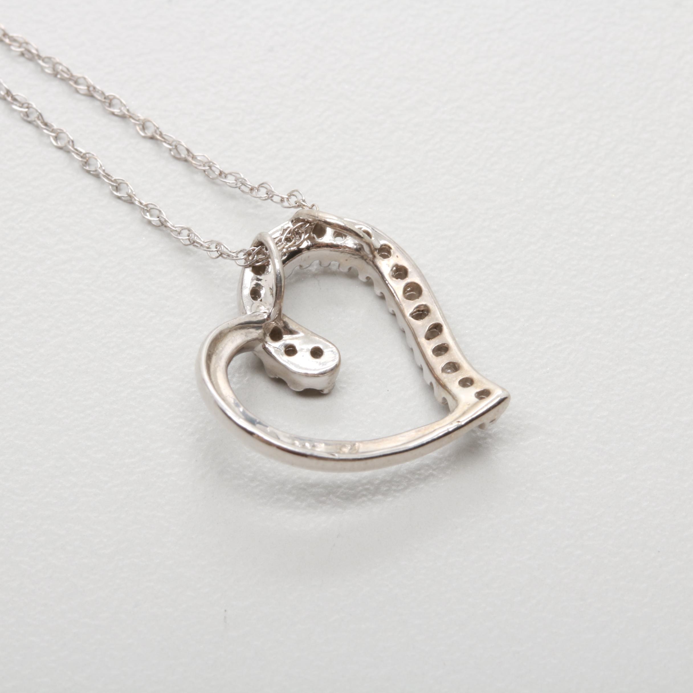 Sterling Silver Diamond Heart Pendant with 10K White Gold Chain Necklace